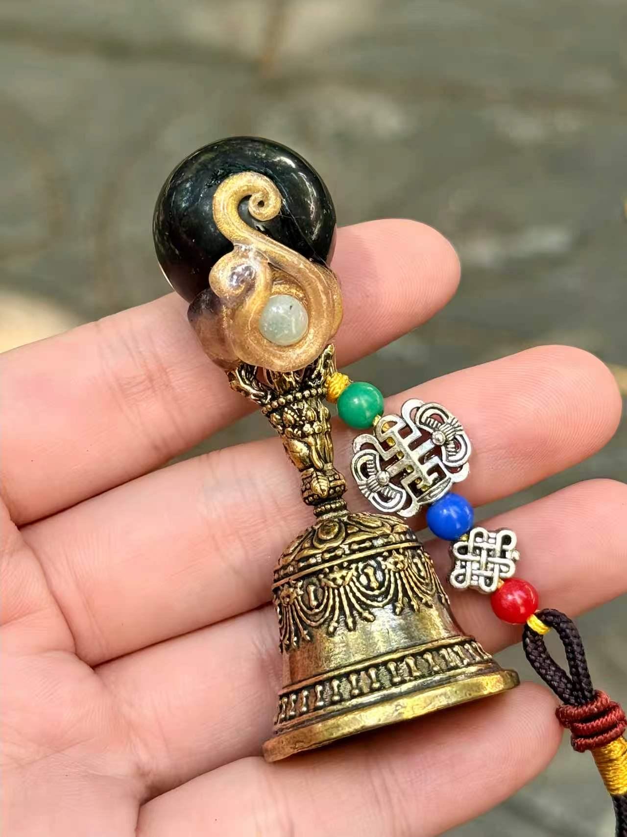 Natural Gemstone Bell Keychain, Antique Gold-Tone Charm, Good Luck Ornament