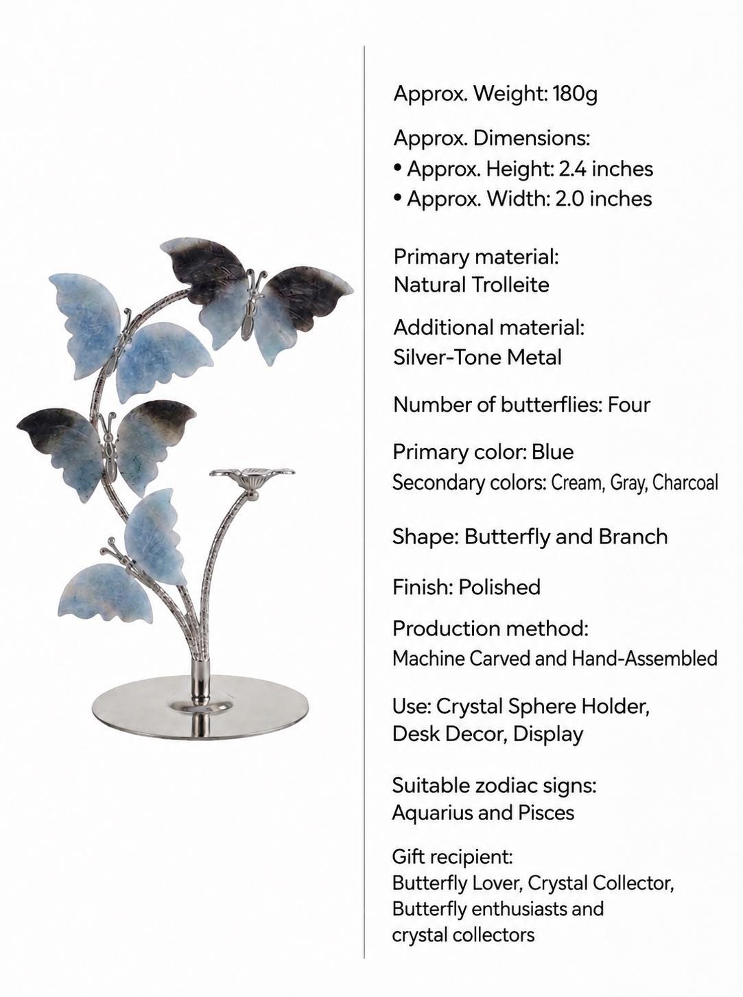 Butterfly Ornament, Trolleite Crystal Butterfly Tree Sculpture, Blue Gemstone Desk Decor, Butterfly Lover Gift