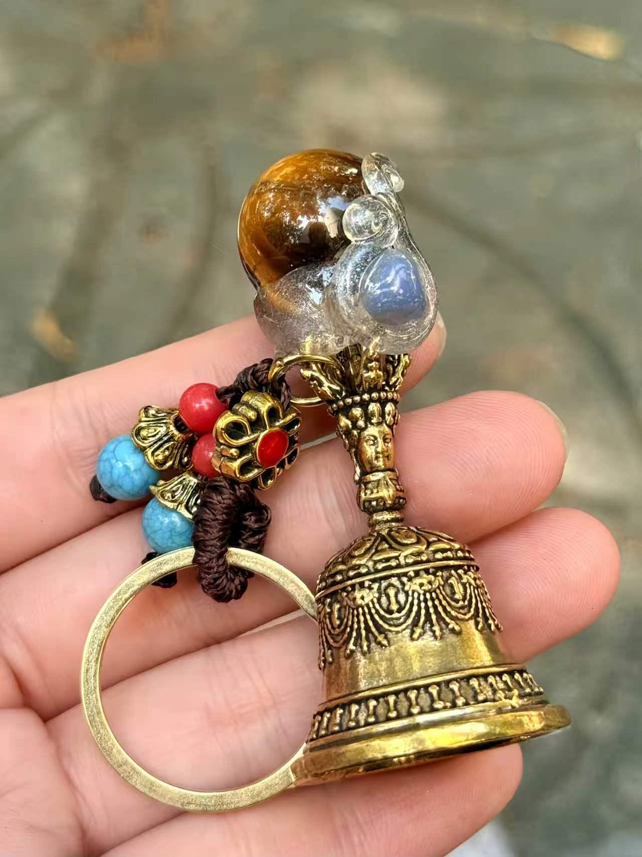 Natural Gemstone Bell Keychain, Antique Gold-Tone Charm, Good Luck Ornament