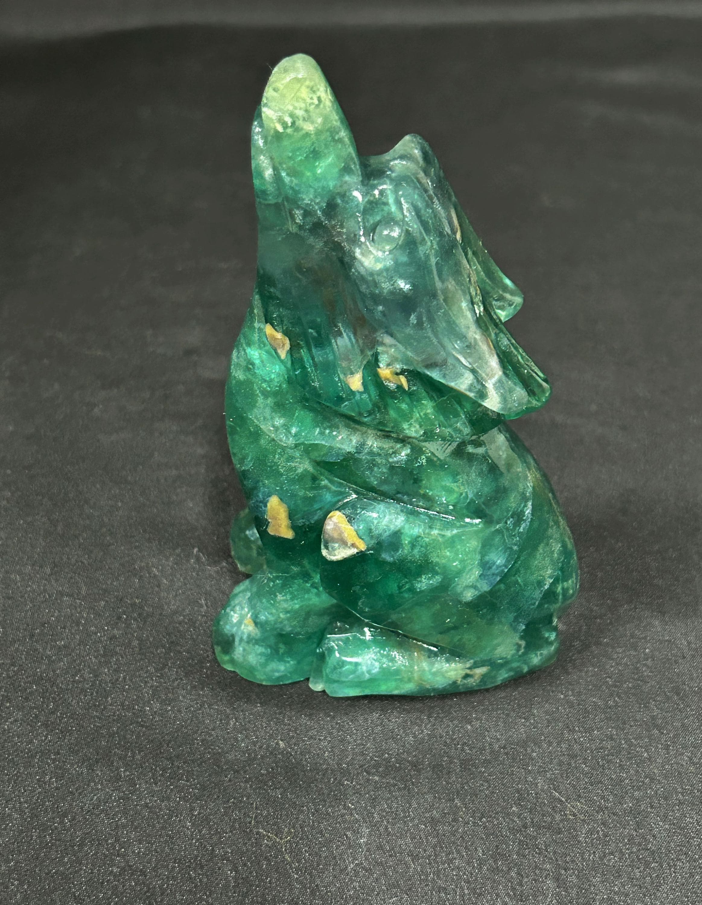 Crystal Wolf Carving, Gemstone Wolf Figurine, Fluorite, Rose Quartz & Amethyst, Spiritual Home Decor