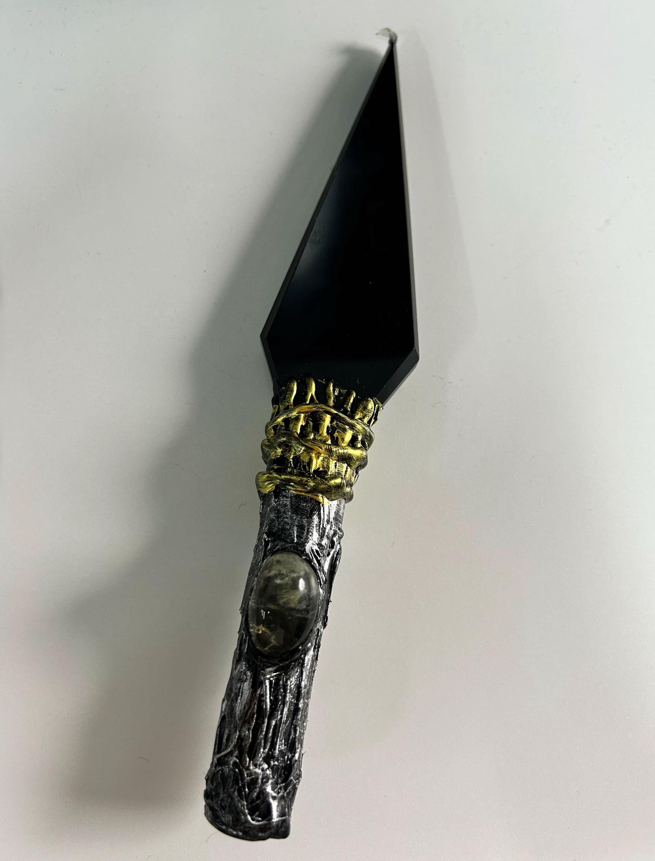 Black Obsidian Wand, Green Aventurine or Citrine Inlay, Ritual Decor, Altar Art