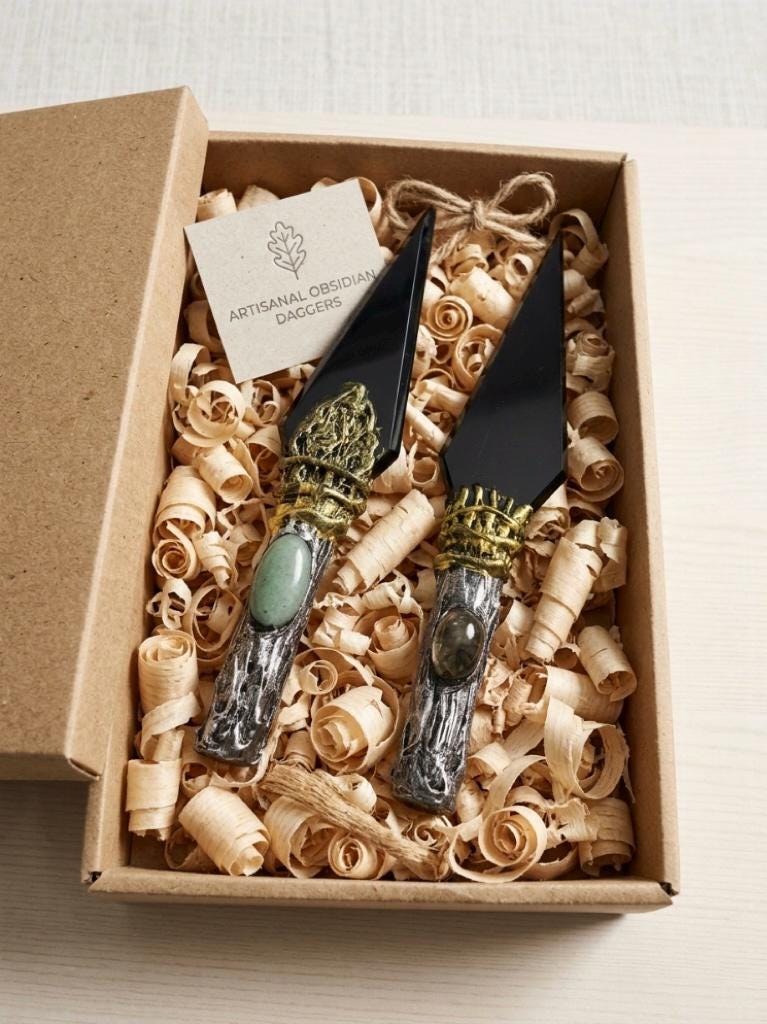 Black Obsidian Wand, Green Aventurine or Citrine Inlay, Ritual Decor, Altar Art