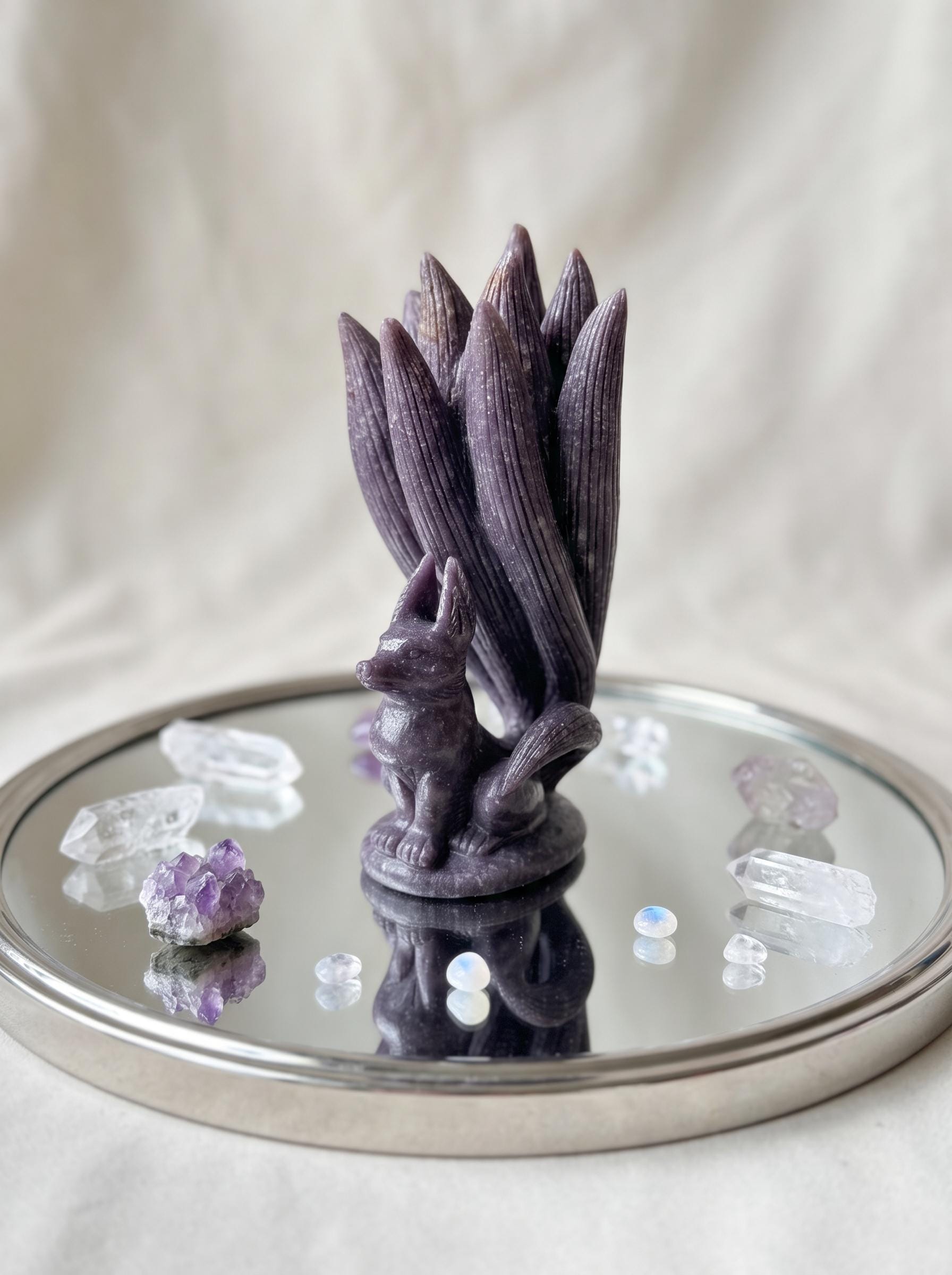 Fox Figurine, Purple Lepidolite Nine Tailed, Kitsune Statue, Witchy Altar Decor, Gifts