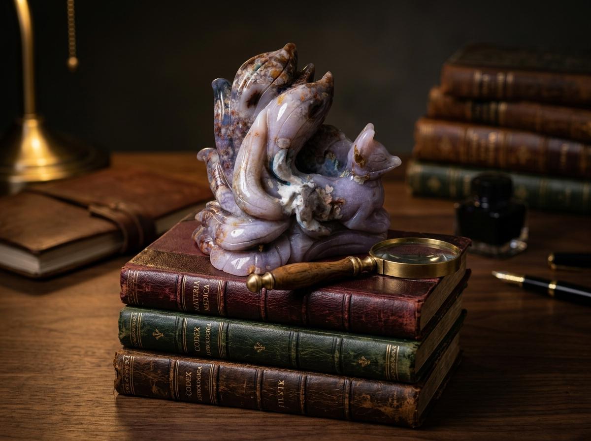 Blue Cherry Blossom Agate Nine-Tailed Fox Carving, Hand-Carved Crystal Fox Statue, Healing Gemstone Sculpture, Reiki Energy Stone Home Decor