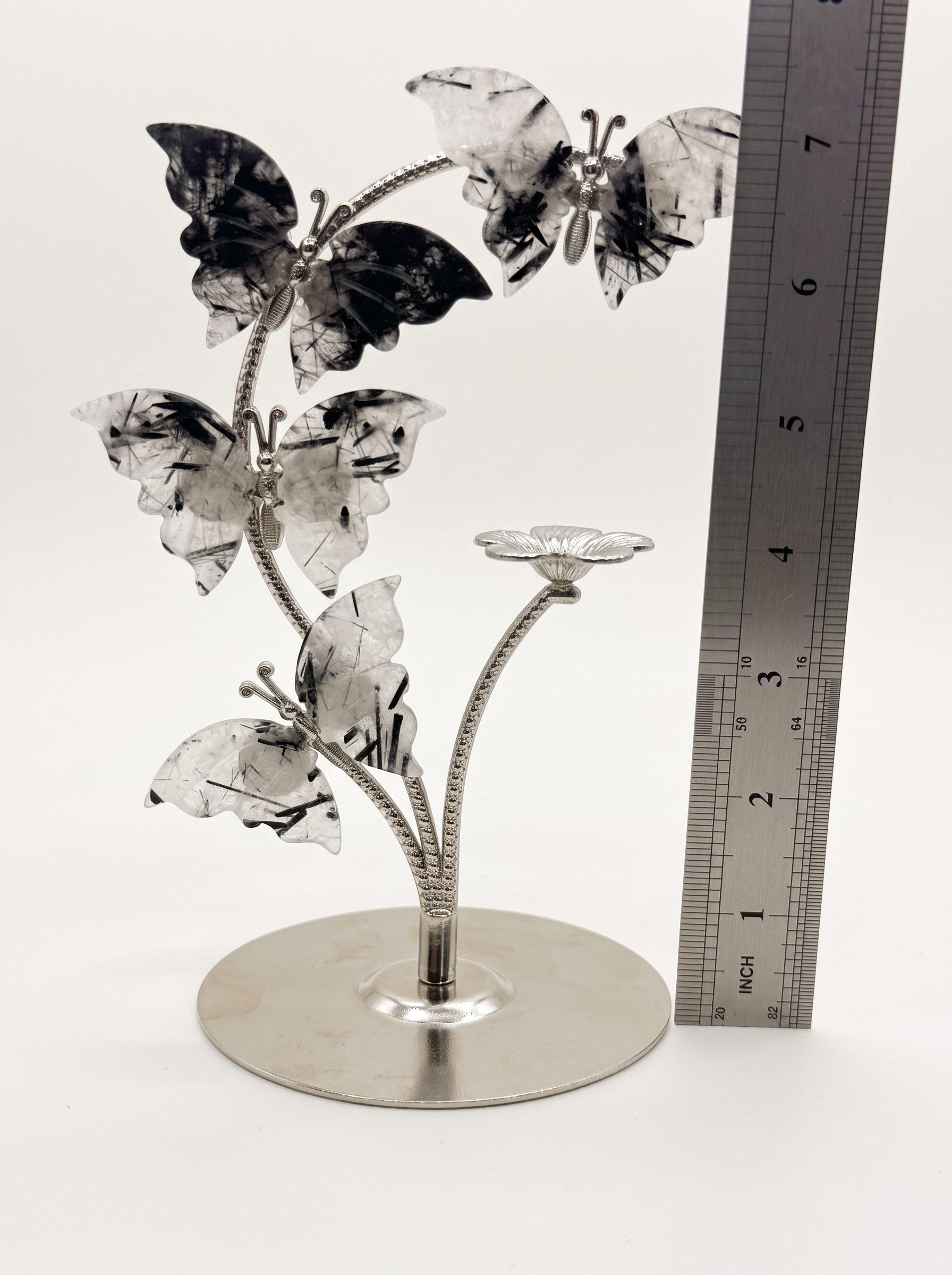 Moonkite or Black Tourmaline Crystal Butterfly Tree – Hand-Assembled Metal Stand Decor