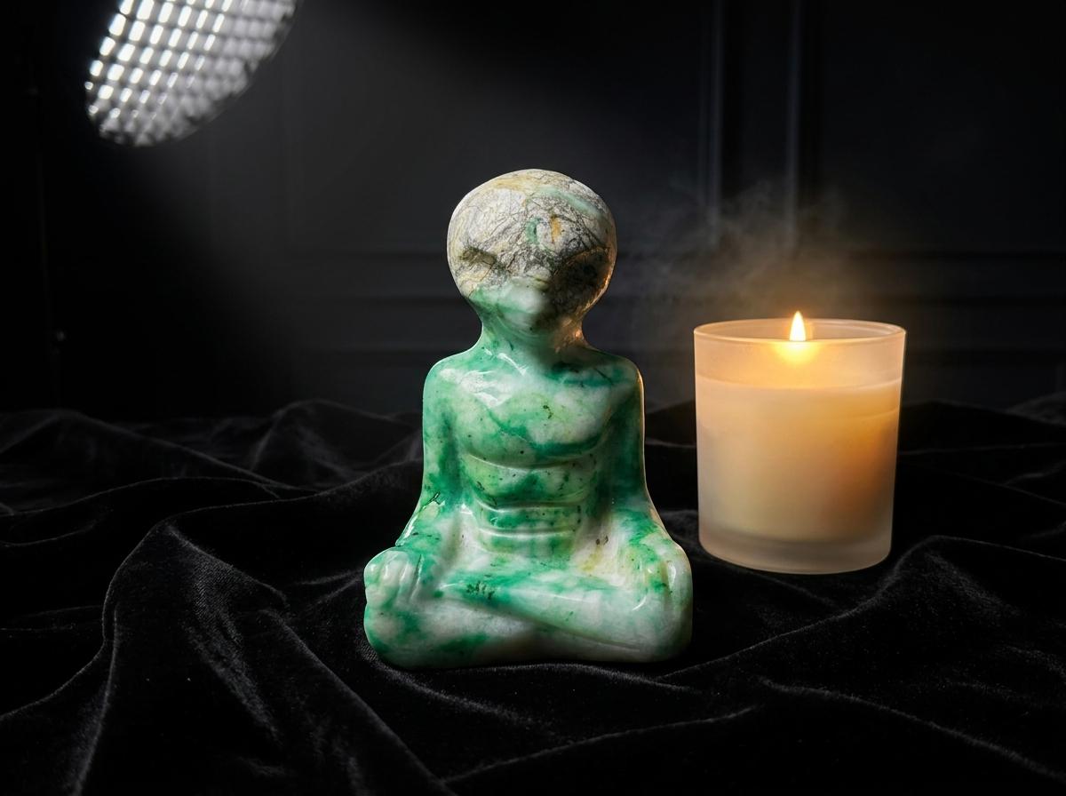 Phoenix Stone Alien Sculpture, Green Jade Stone Carving, Spiritual Decor, Mystical Sculpture, Cosmic Energy Altar, Unique Alien Gift