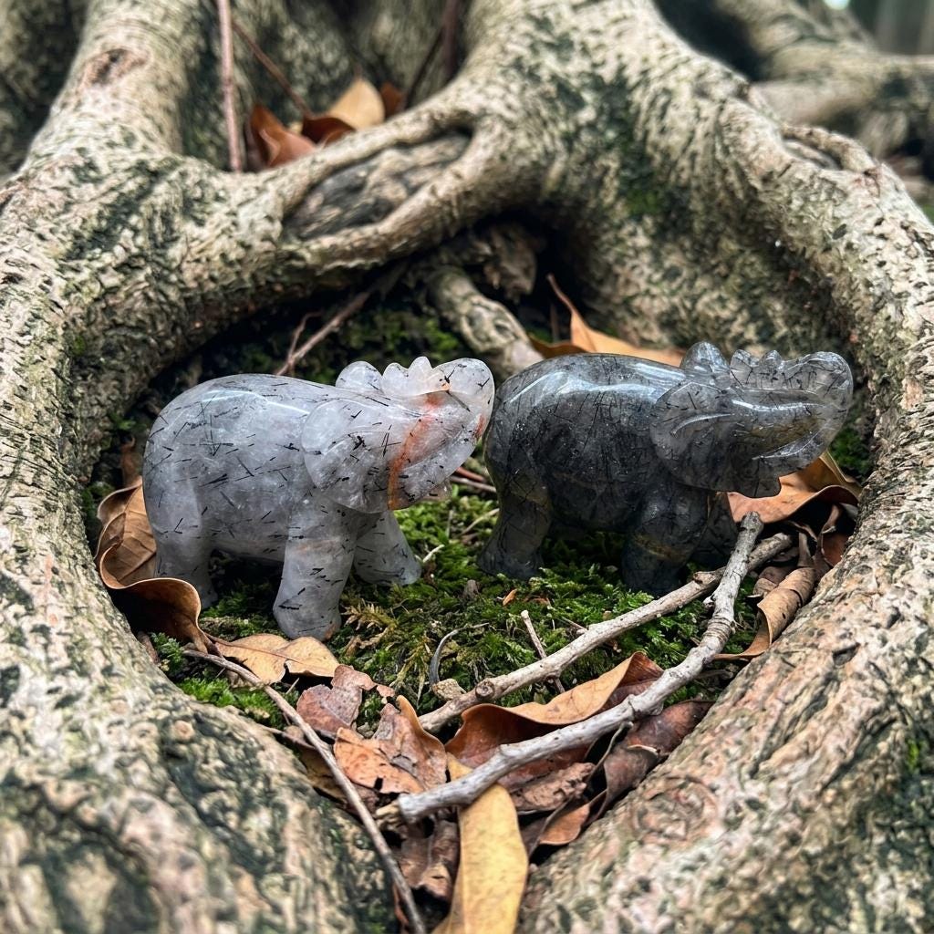 Black Rutilated Quartz Elephant Carving, Elephant Statue for Desk & Bookshelf, Symbol of Strength, Wisdom or Protection, Crystal Home Decor