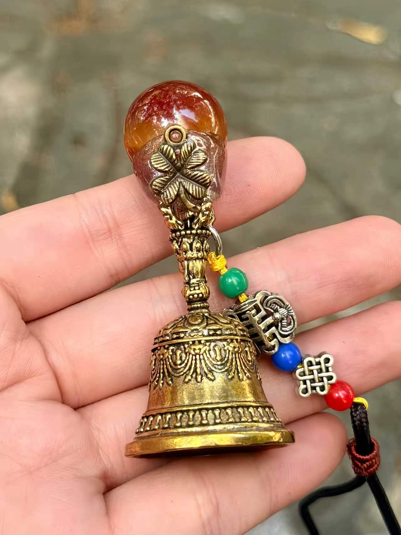 Natural Gemstone Bell Keychain, Antique Gold-Tone Charm, Good Luck Ornament