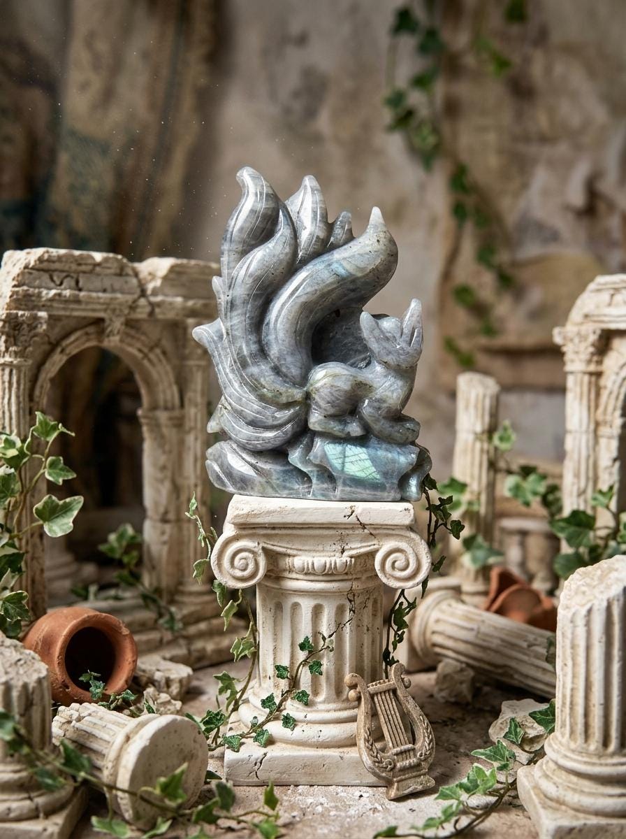 Labradorite Nine Tailed Fox Carving, Natural Stone, Spiritual Home Decor