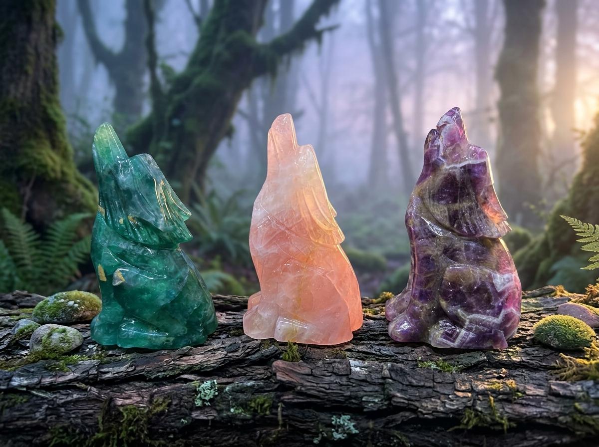 Crystal Wolf Carving, Gemstone Wolf Figurine, Fluorite, Rose Quartz & Amethyst, Spiritual Home Decor