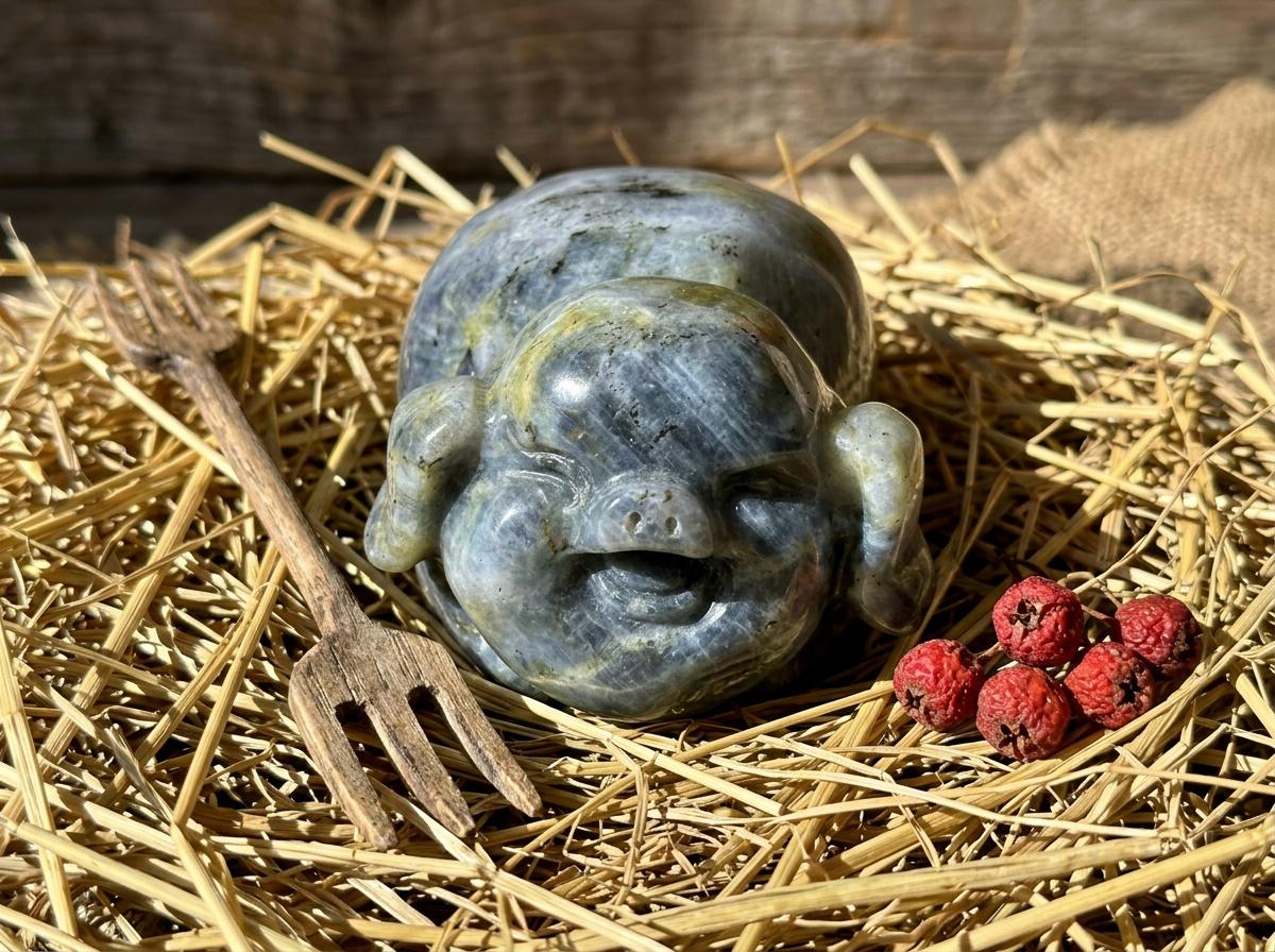Cute Happy Farm Pig Carving, Labradorite Crystal, Rustic Farmhouse Decor, Lucky Wealth Feng Shui Pocket Stone