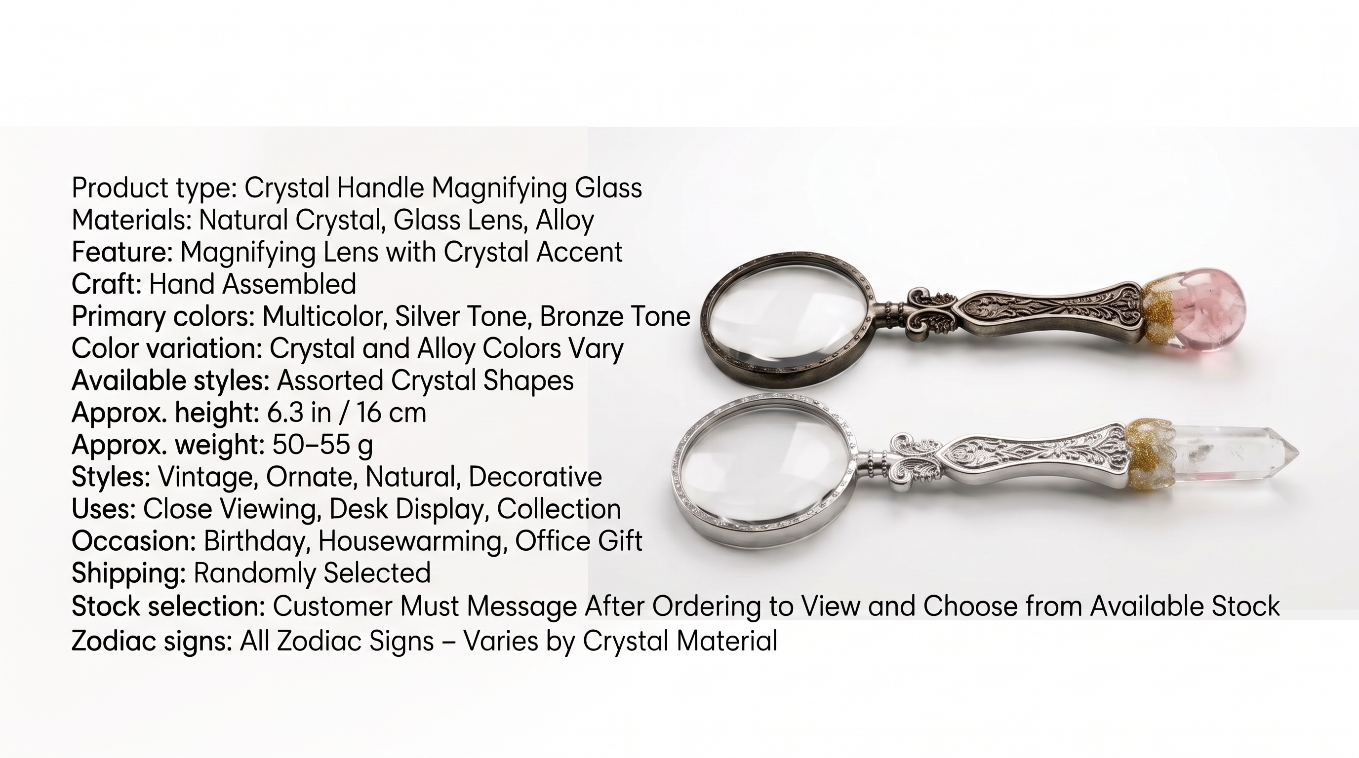 Crystal Handle Magnifying Glass – Hand-Assembled Gemstone and Alloy Desk Accessory