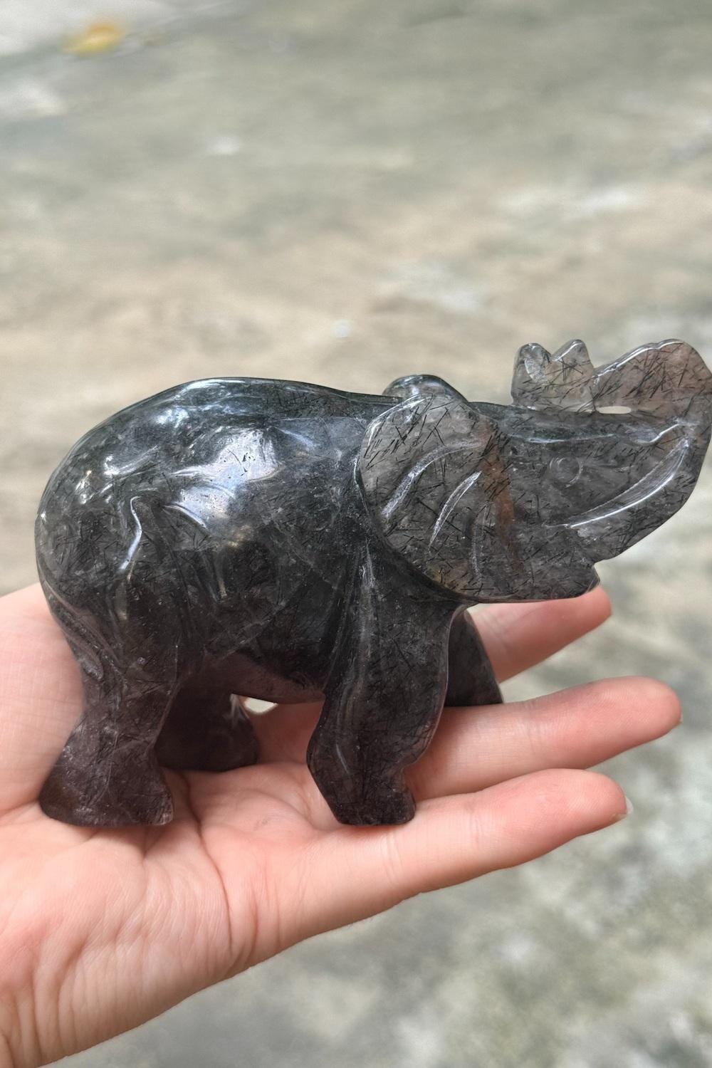 Black Tourmaline Elephant Figurine, Hand Carved Crystal Animal, Feng Shui Decor
