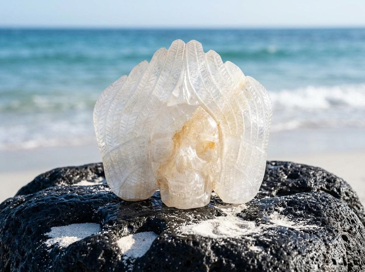 White Crystal Skull, Natural Quartz Skull Figurine, crystal collectible, Gothic Fantasy or Shelf Display Decor