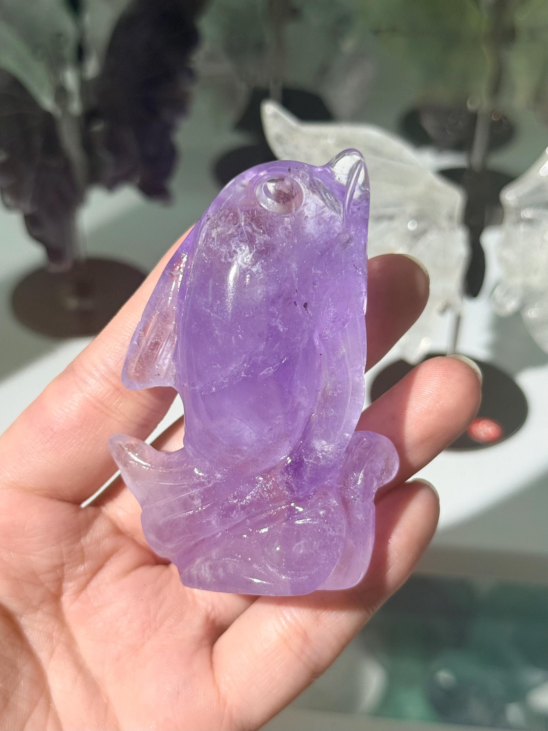Amethyst Dolphin Figurine, Small Crystal Animal Carving, Beach House Decor, Ocean Lover Gift