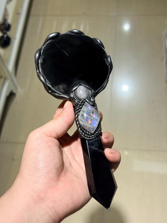 Black Obsidian Scrying Mirror, Gemstone Inlay Ritual Tool, Witchy Altar Decor, Divination Mirror