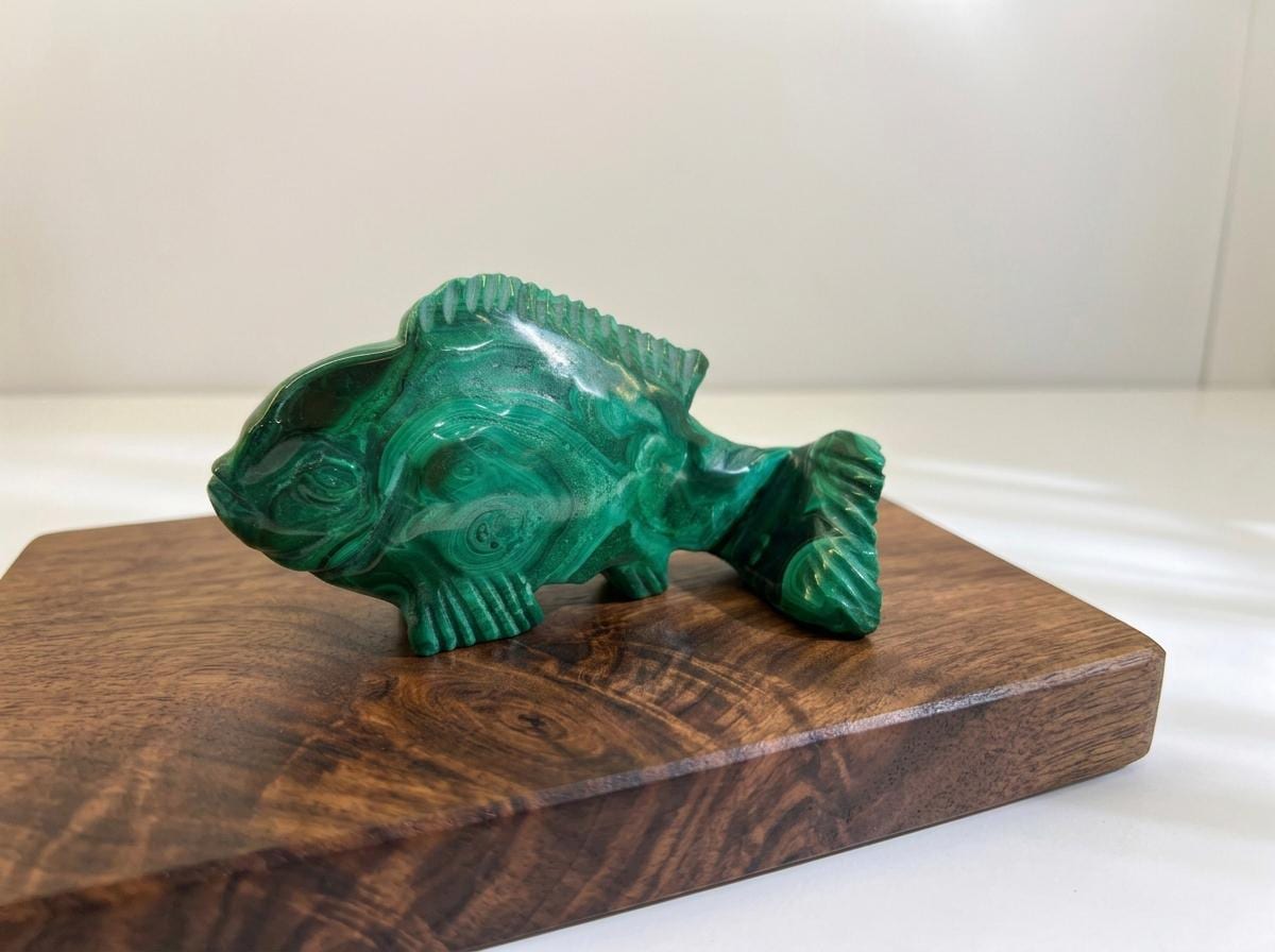 Natural Malachite Fish Carving, Crystal Figurine, desk companion, meaningful gift