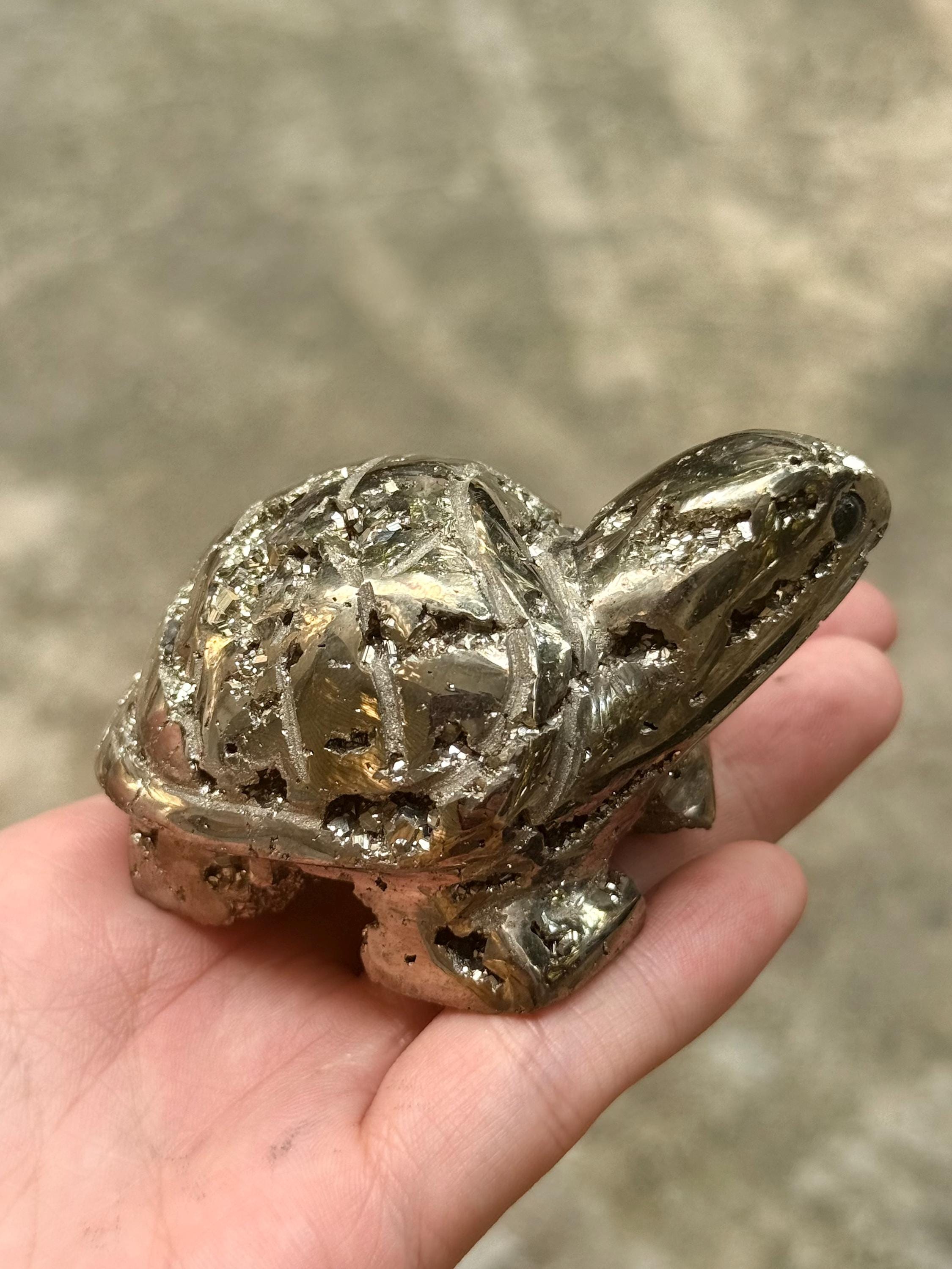 Pyrite Turtle Figurine, Hand Carved Crystal Animal Sculpture, Feng Shui Decor, Good Luck Gift