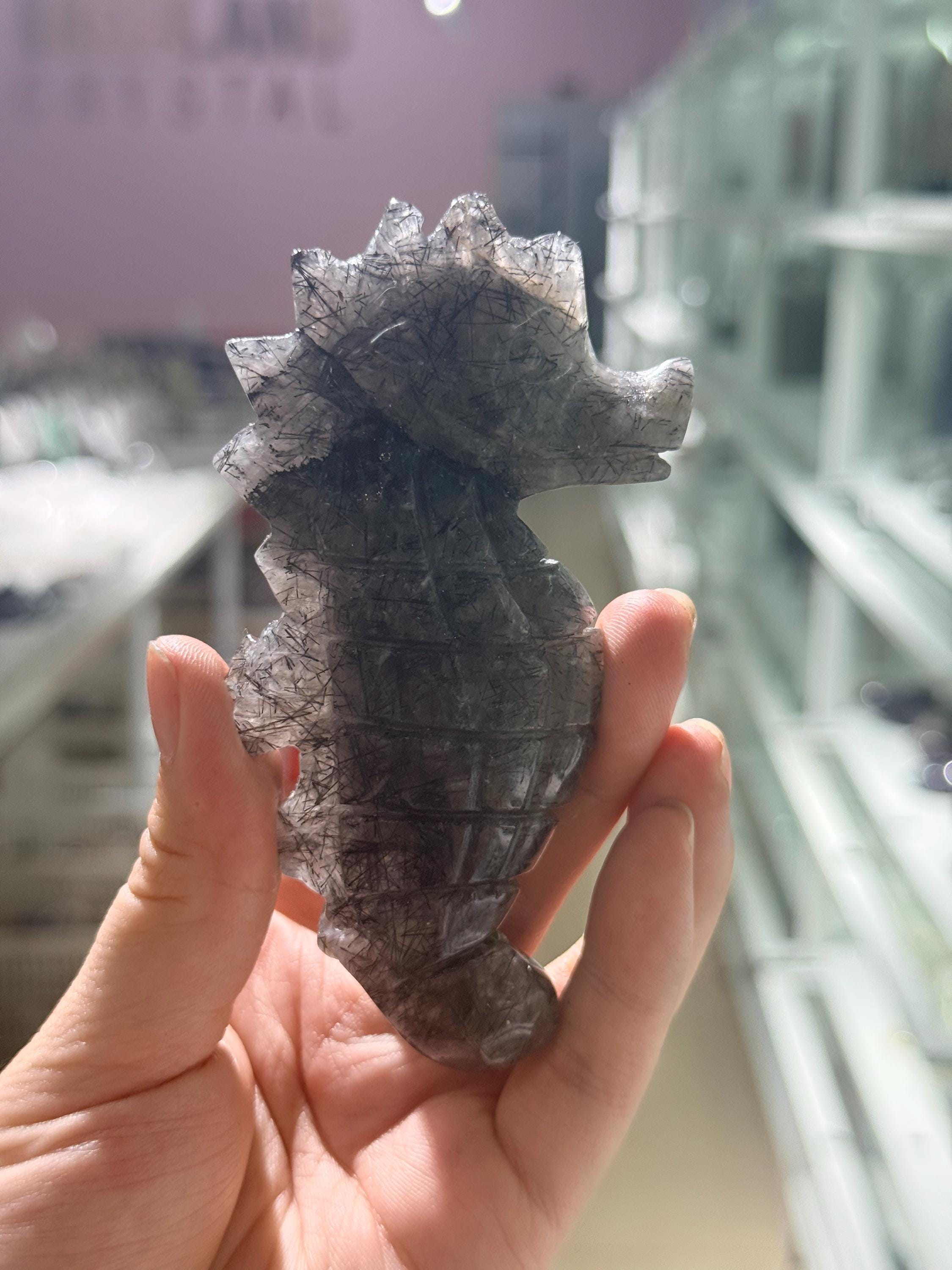 Seahorse Figurine, Black Rutilated Quartz Crystal Carving, Hand Carved Marine Life Sculpture, Coastal Decor, Ocean Lover Gift