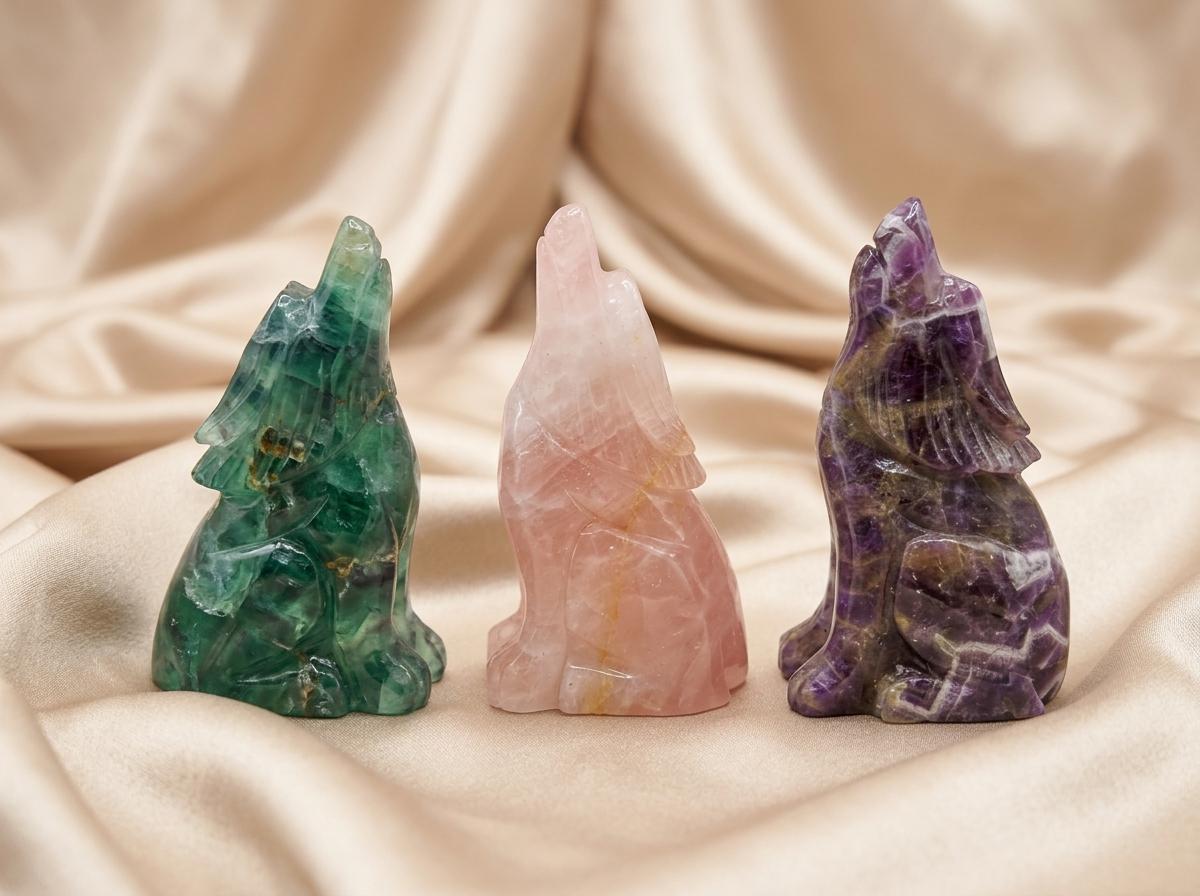 Crystal Wolf Carving, Gemstone Wolf Figurine, Fluorite, Rose Quartz & Amethyst, Spiritual Home Decor