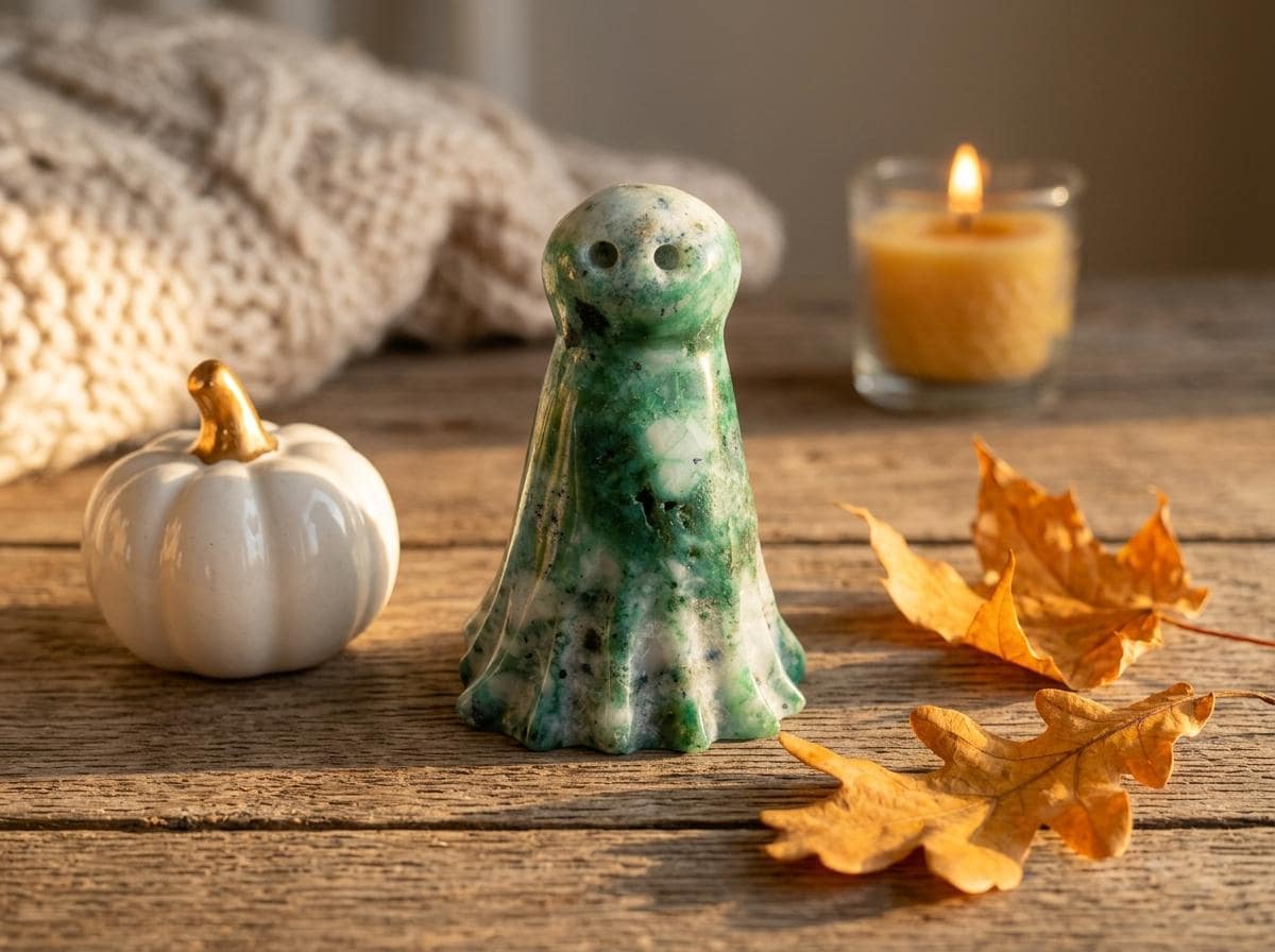 Cute Phoenix Stone Ghost Carving, Green Crystal Spirit Figurine, Halloween Decor, Pocket Guardian Stone, Reiki Healing Energy Charm