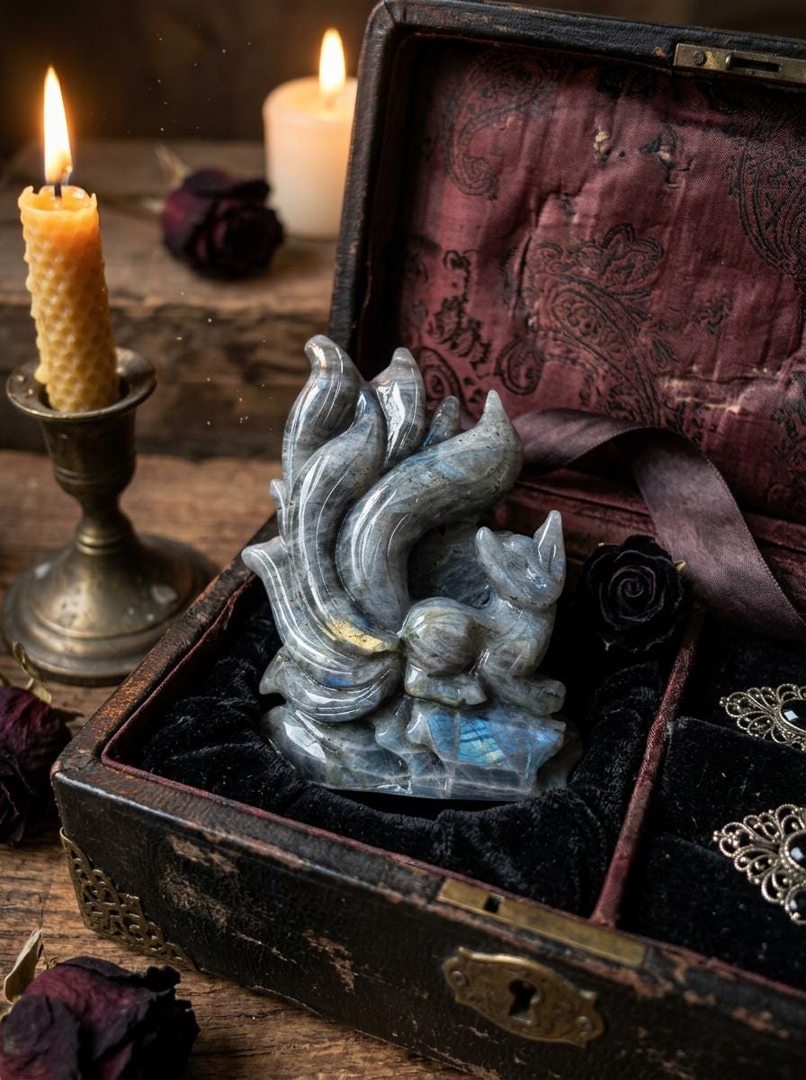Labradorite Nine Tailed Fox Carving, Natural Stone, Spiritual Home Decor