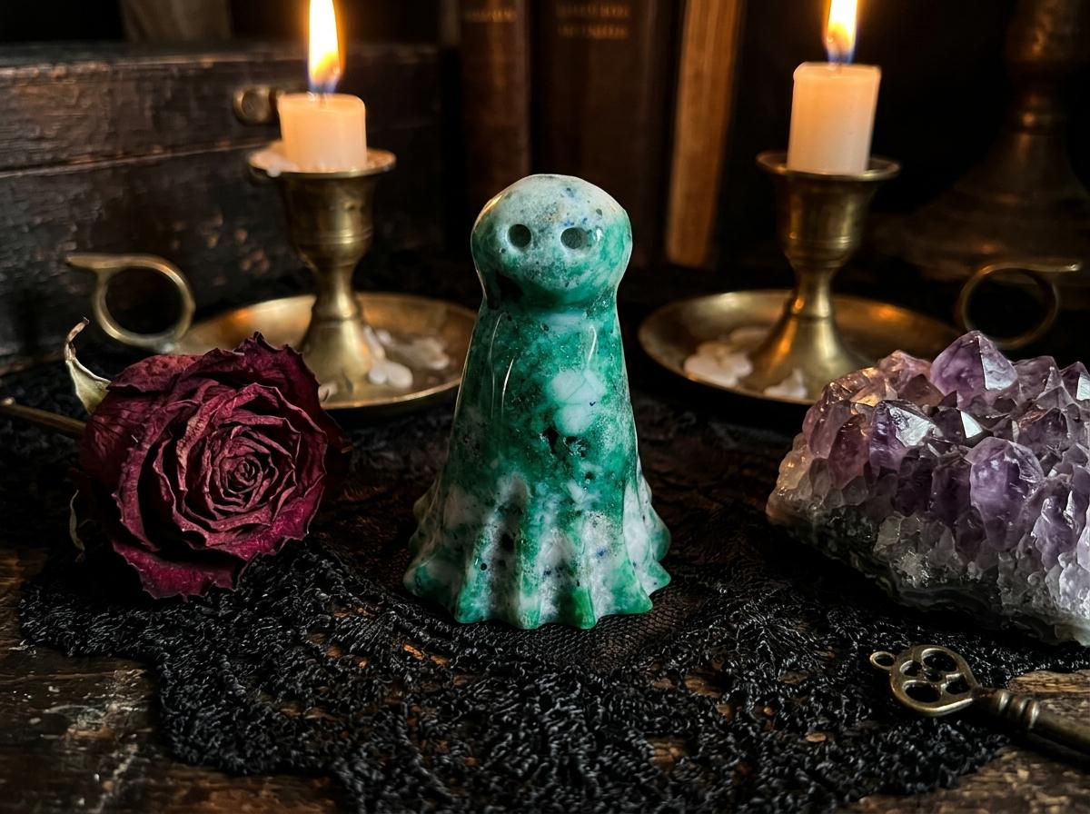 Cute Phoenix Stone Ghost Carving, Green Crystal Spirit Figurine, Halloween Decor, Pocket Guardian Stone, Reiki Healing Energy Charm