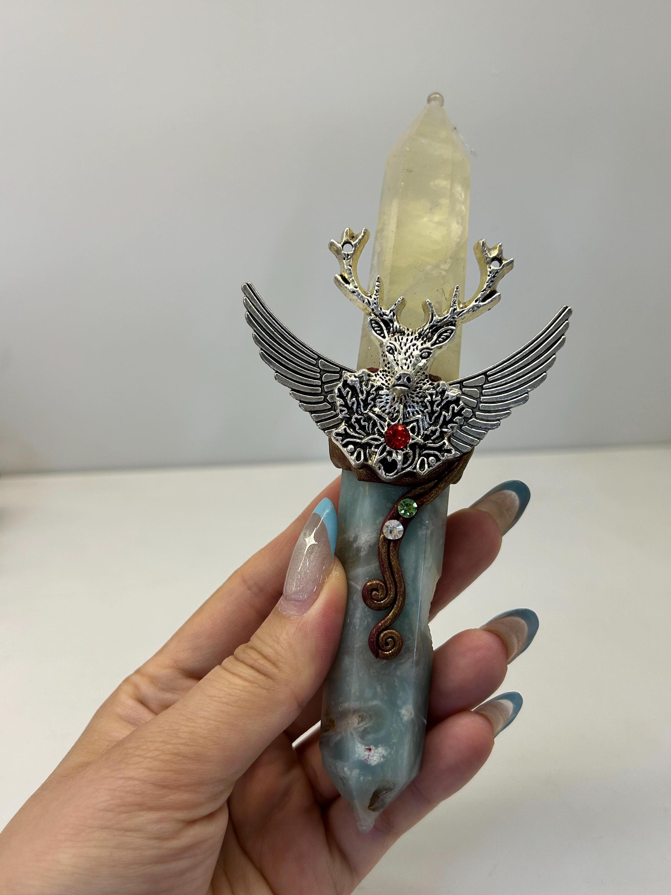 Handcrafted Crystal Wand, Antler Altar Decor, Gothic Fantasy Ritual Tool