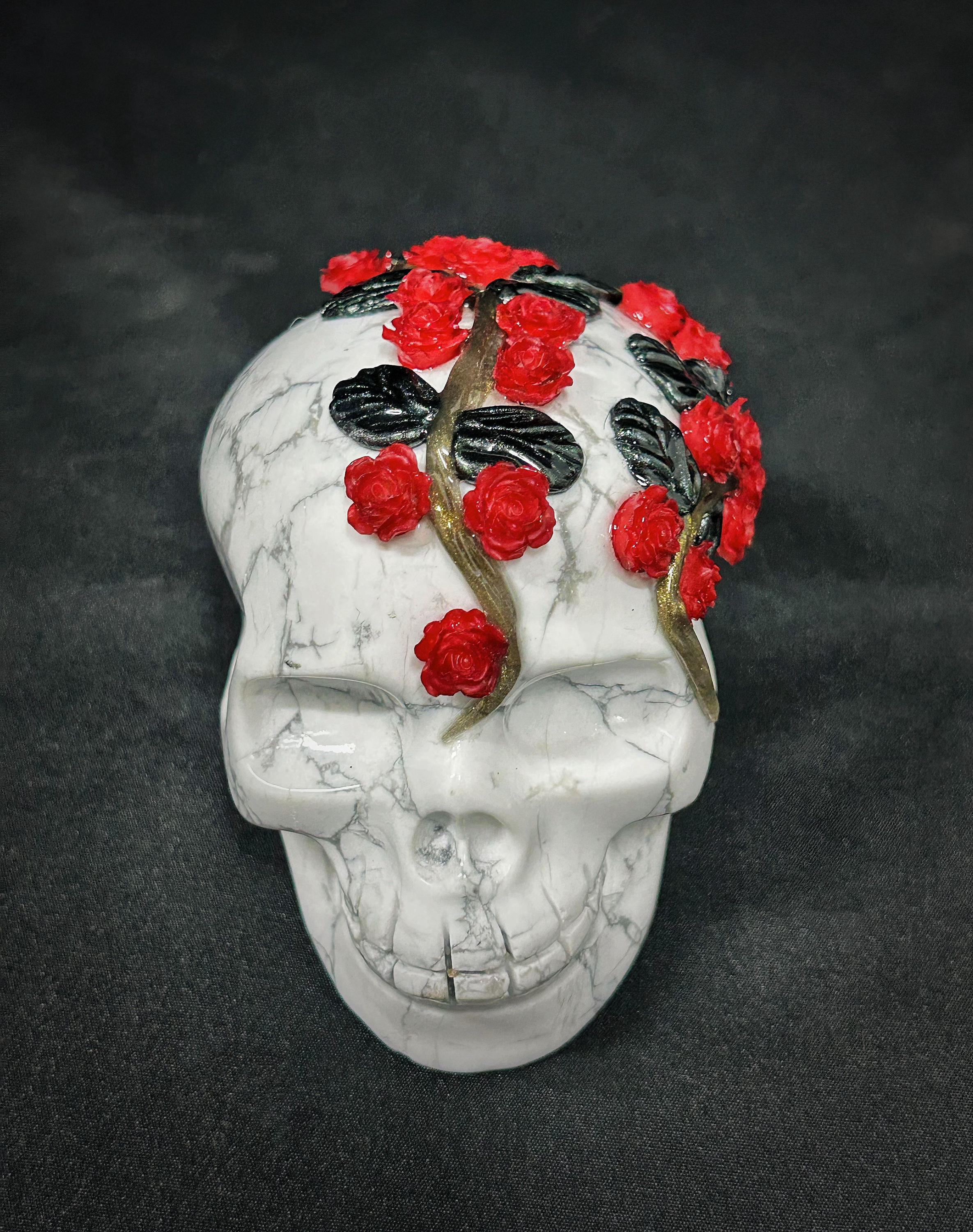 White Turquoise Skull Sculpture with Red Roses, Gothic Floral Decor