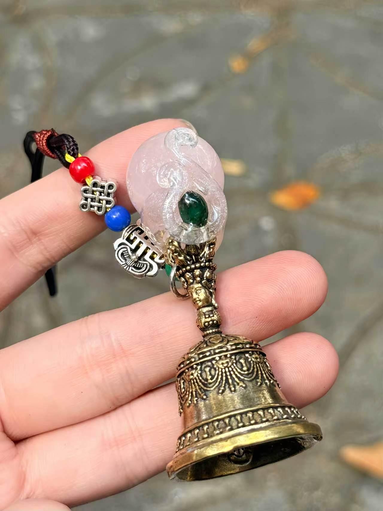 Natural Gemstone Bell Keychain, Antique Gold-Tone Charm, Good Luck Ornament