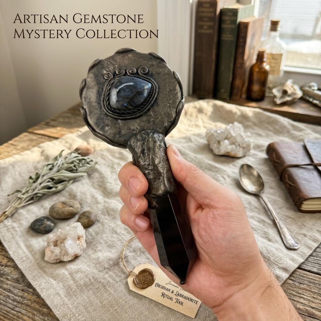 Black Obsidian Mirror Wand or Stand – Hand-Assembled Gemstone Scrying Mirror & Gothic Altar Decor