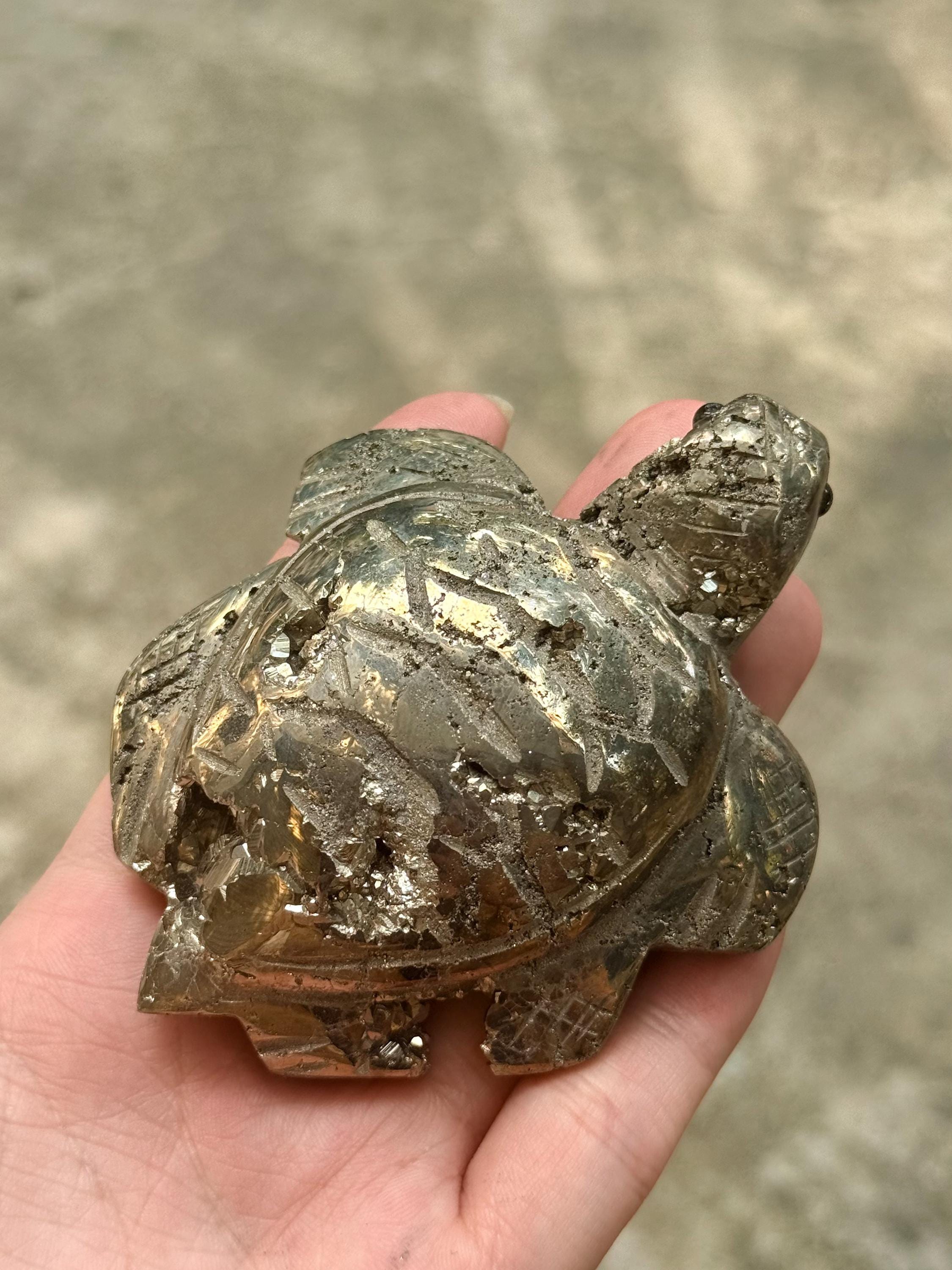 Pyrite Turtle Figurine, Hand Carved Crystal Animal Sculpture, Feng Shui Decor, Good Luck Gift