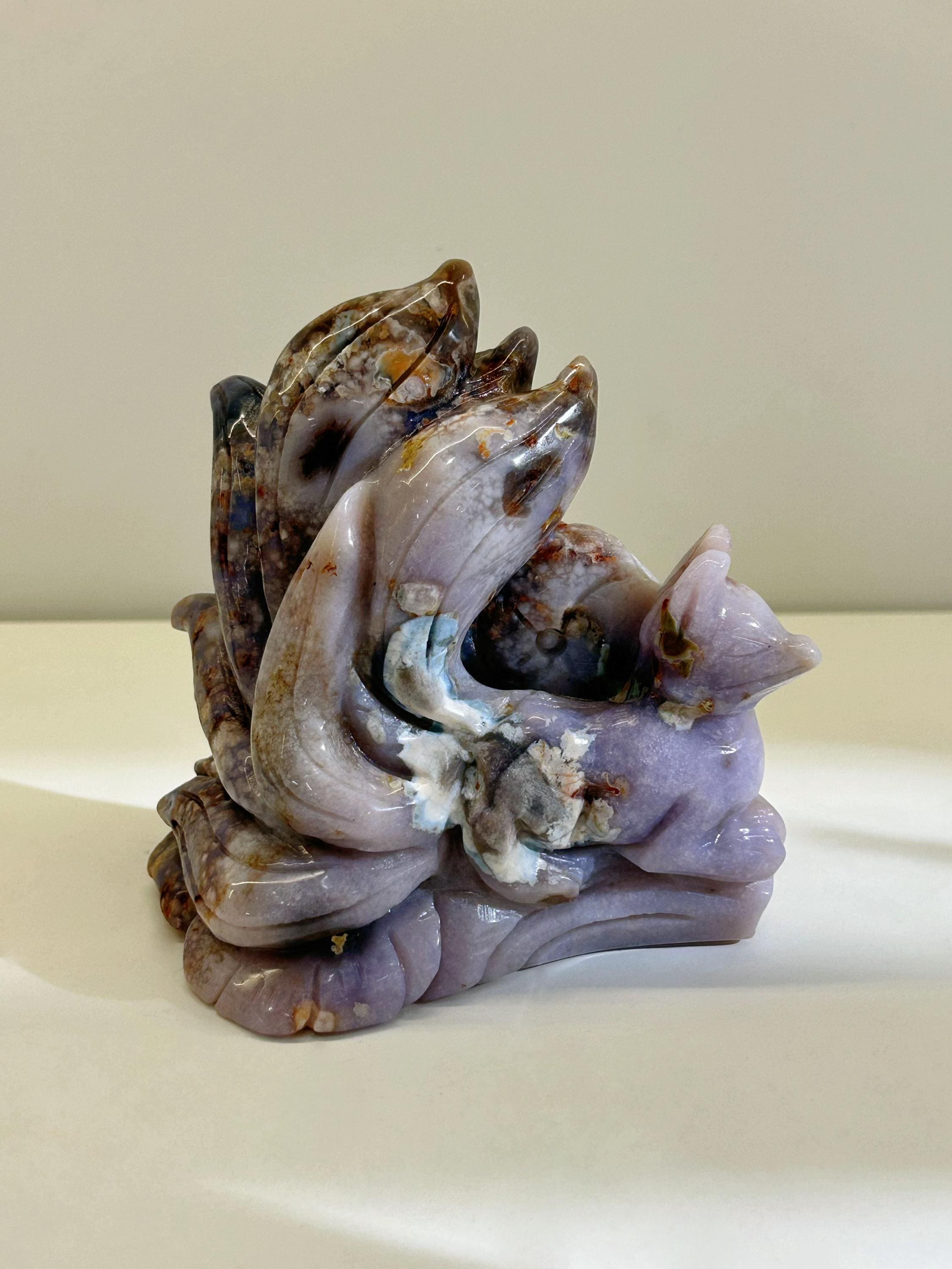 Blue Cherry Blossom Agate Nine-Tailed Fox Carving, Hand-Carved Crystal Fox Statue, Healing Gemstone Sculpture, Reiki Energy Stone Home Decor