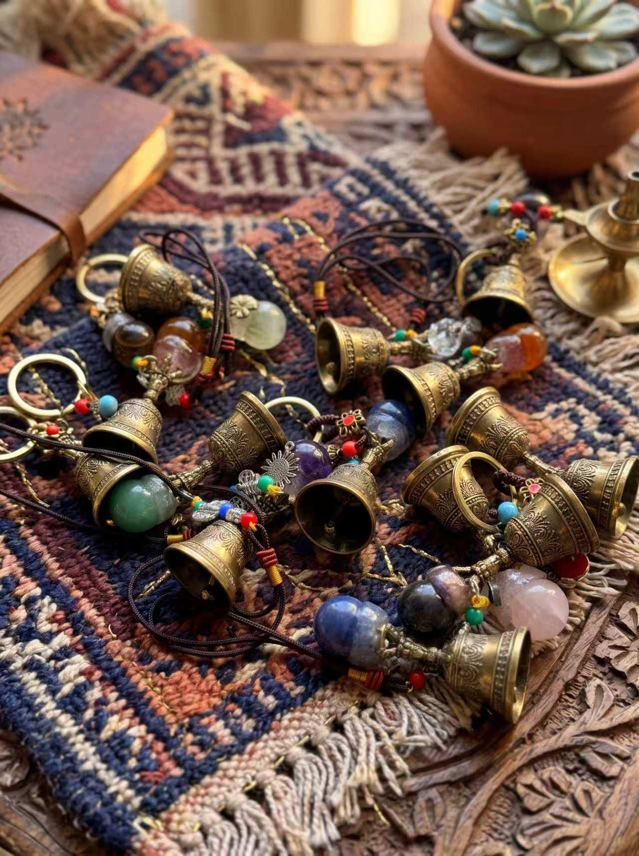 Natural Gemstone Bell Keychain, Antique Gold-Tone Charm, Good Luck Ornament