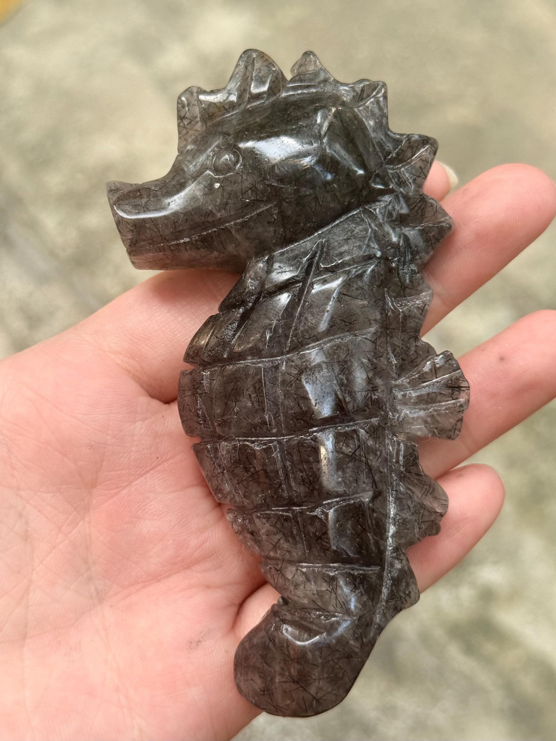 Seahorse Figurine, Black Rutilated Quartz Crystal Carving, Hand Carved Marine Life Sculpture, Coastal Decor, Ocean Lover Gift