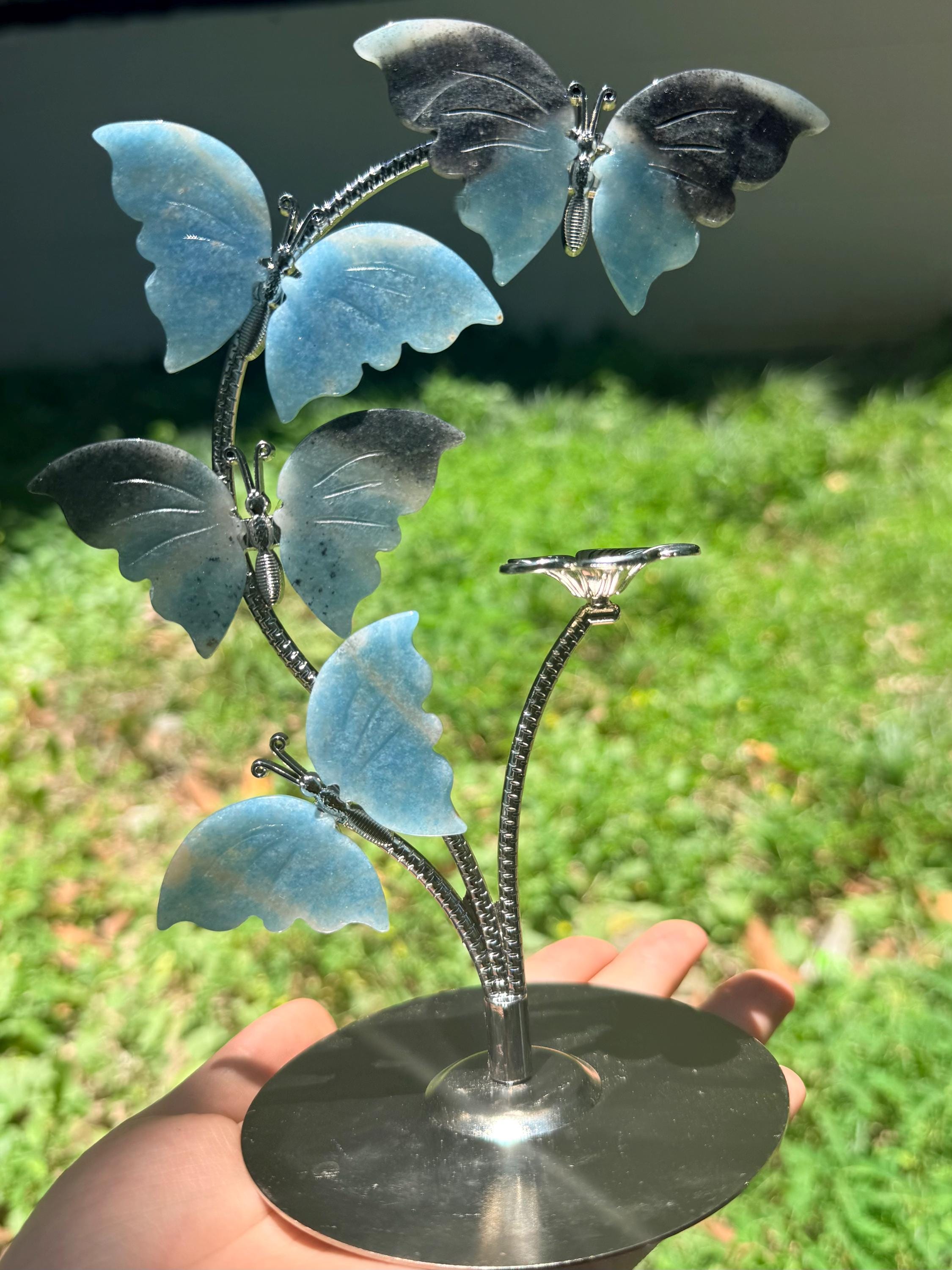 Butterfly Ornament, Trolleite Crystal Butterfly Tree Sculpture, Blue Gemstone Desk Decor, Butterfly Lover Gift