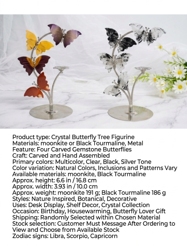 Moonkite or Black Tourmaline Crystal Butterfly Tree – Hand-Assembled Metal Stand Decor