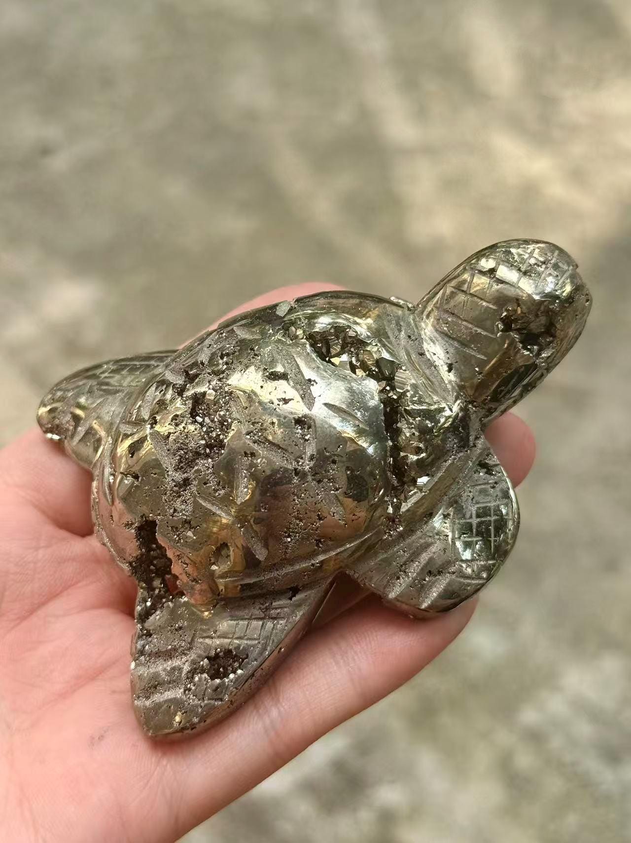 Pyrite Turtle Figurine, Hand Carved Crystal Animal Sculpture, Feng Shui Decor, Good Luck Gift