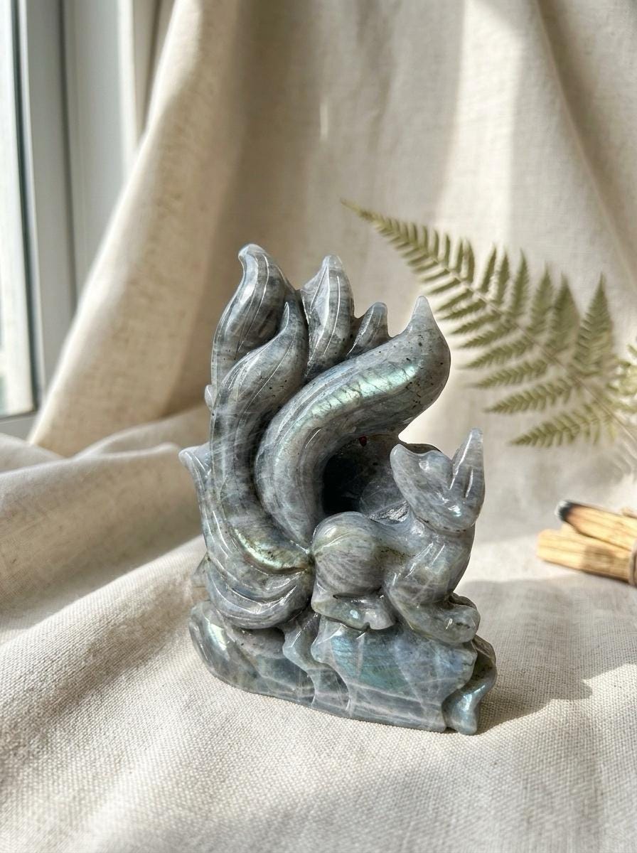 Labradorite Nine Tailed Fox Carving, Natural Stone, Spiritual Home Decor