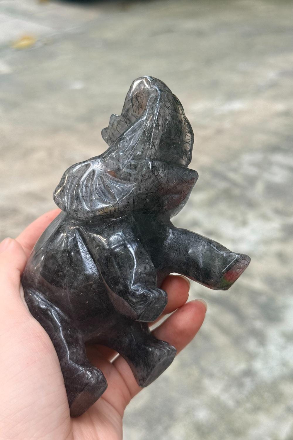 Black Tourmaline Elephant Figurine, Hand Carved Crystal Animal, Feng Shui Decor