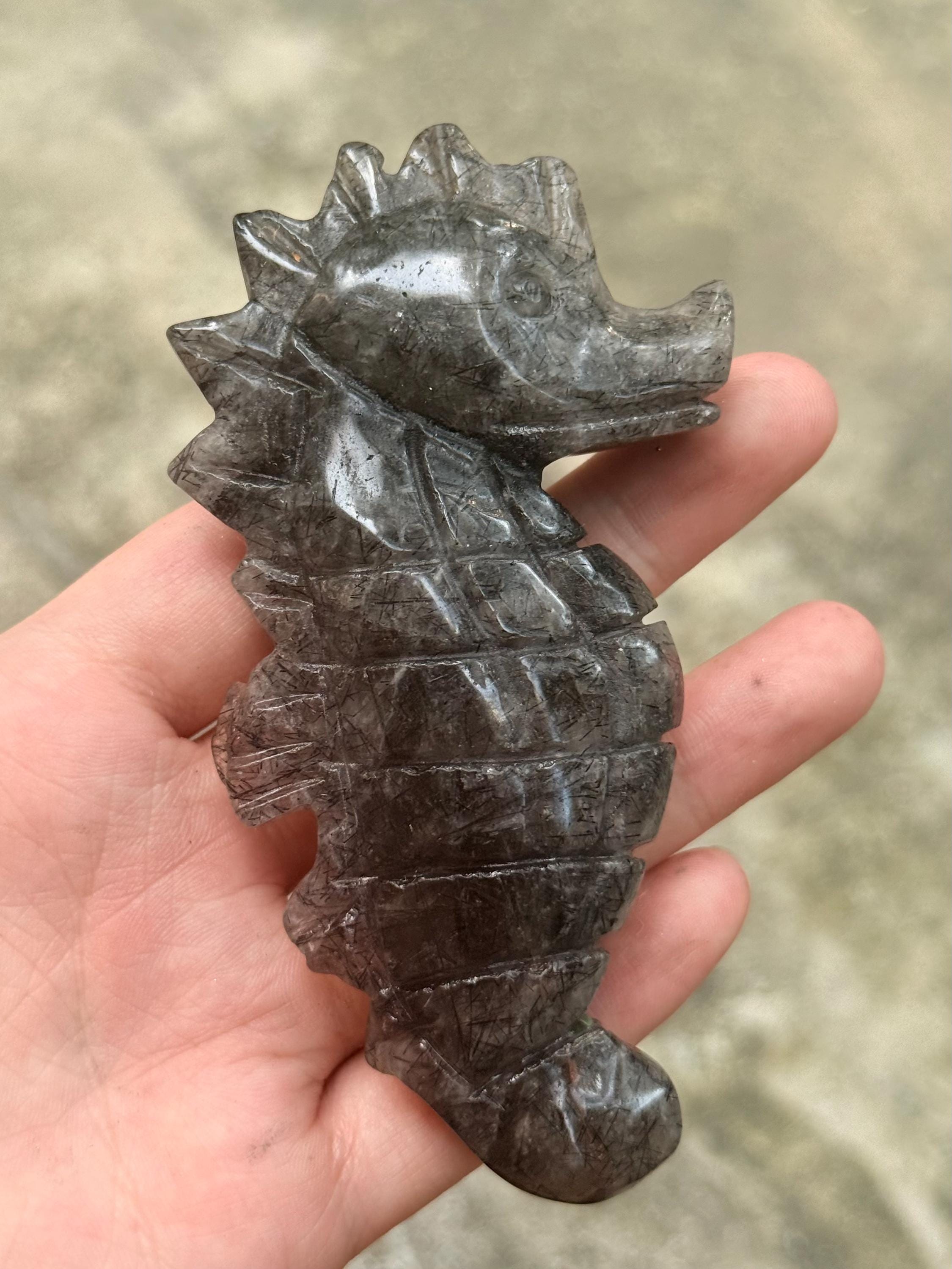 Seahorse Figurine, Black Rutilated Quartz Crystal Carving, Hand Carved Marine Life Sculpture, Coastal Decor, Ocean Lover Gift