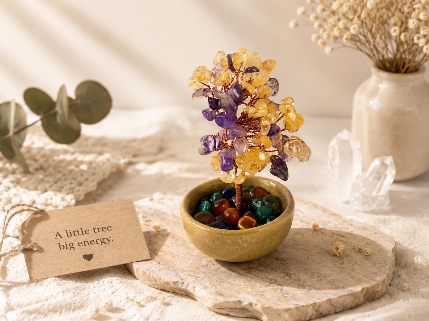 Handmade Gemstone Mini Tree, Natural Crystal Chips, Copper Wire Branches, Feng Shui Decor