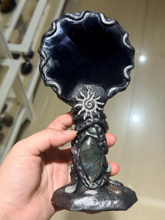 Black Obsidian Scrying Mirror, Gemstone Inlay Ritual Tool, Witchy Altar Decor, Divination Mirror