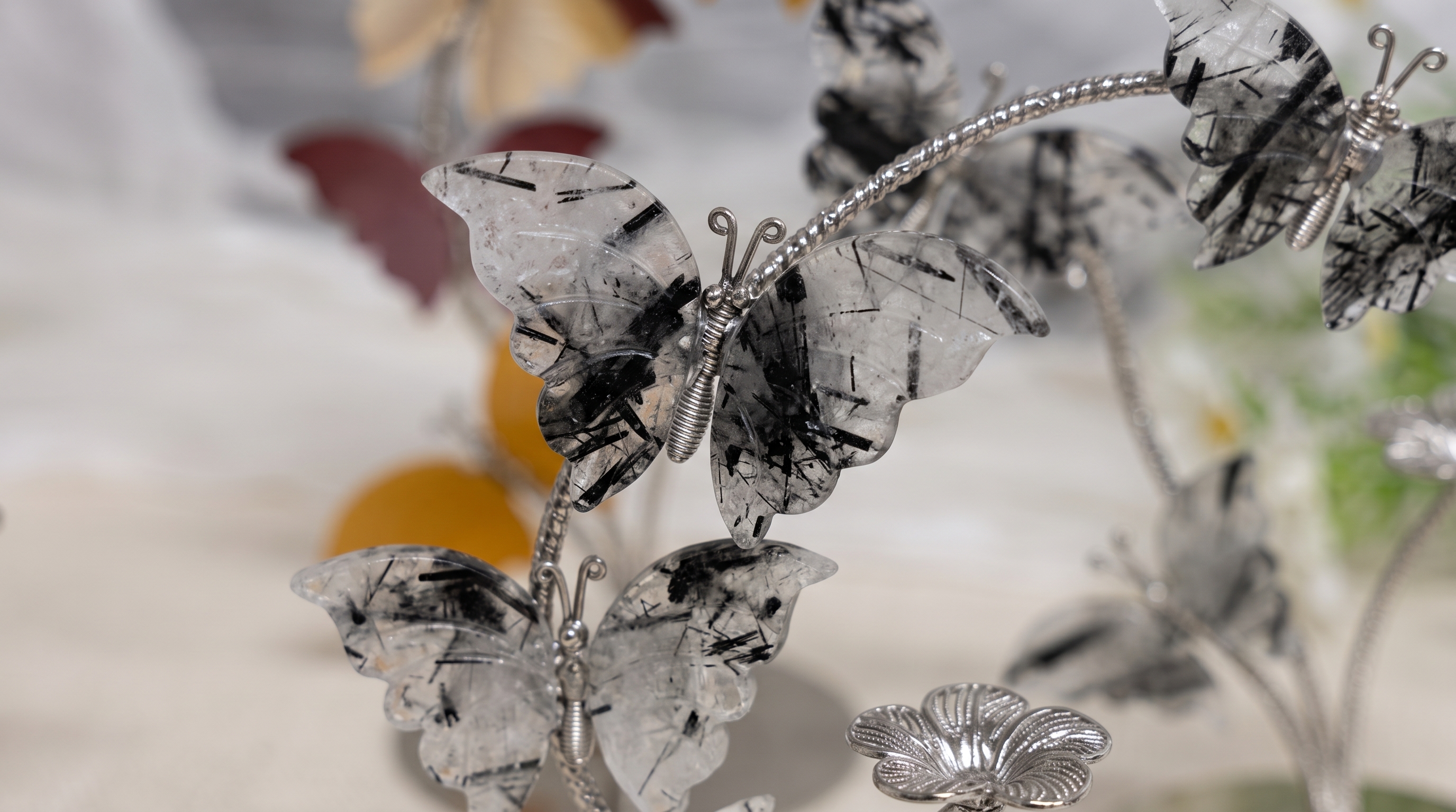 Moonkite or Black Tourmaline Crystal Butterfly Tree – Hand-Assembled Metal Stand Decor