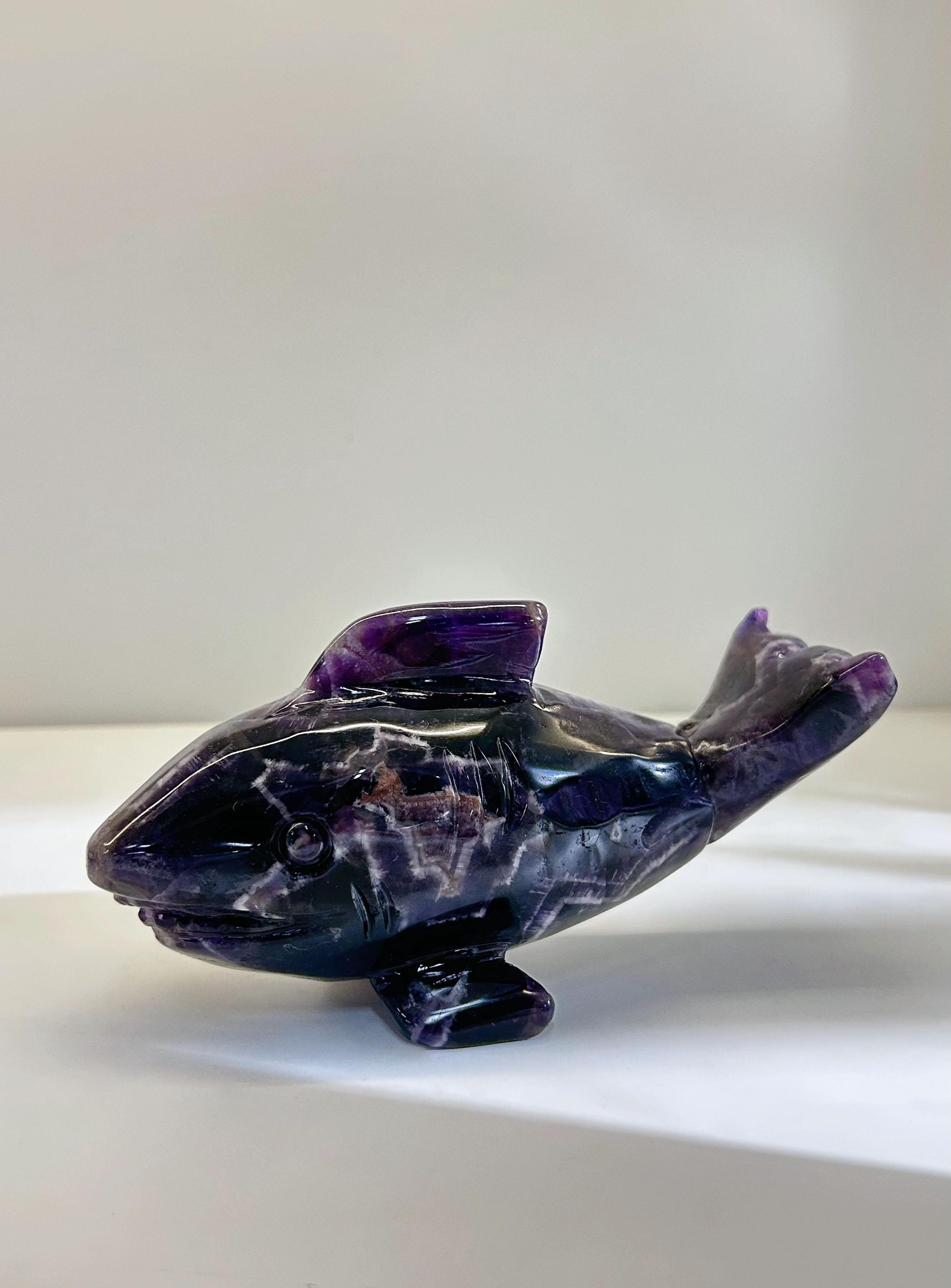 Hand Carved Amethyst Shark Statue, Natural Purple Crystal, Gemstone Sculpture, Reiki Energy Decor