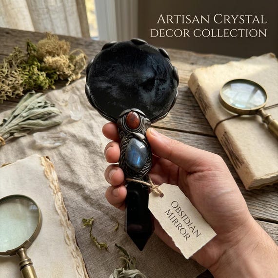 Black Obsidian Scrying Mirror, Gemstone Inlay Ritual Tool, Witchy Altar Decor, Divination Mirror