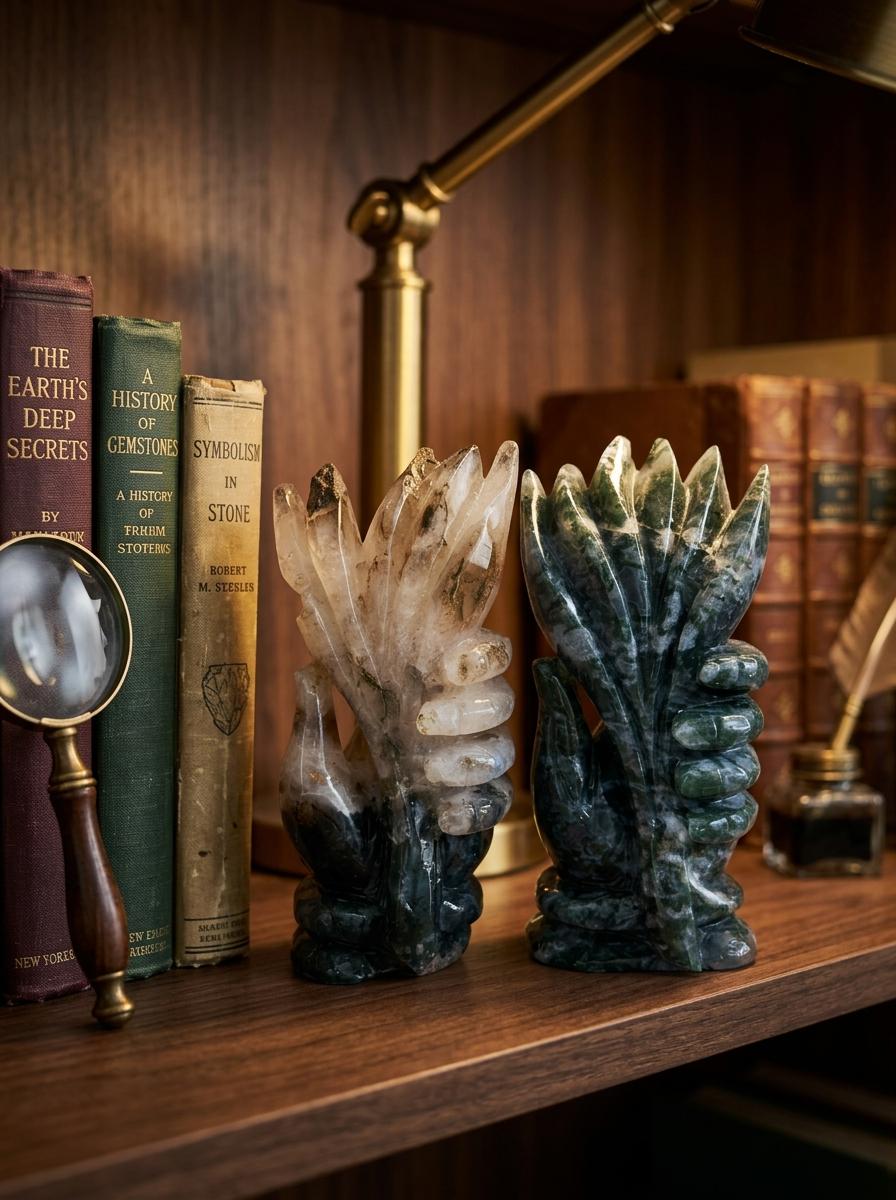 Moss Agate Hand Sculpture, Natural Crystal Hand Figurine, Stone Altar Decor, Meditation Space Crystal, Moss Agate Collectible