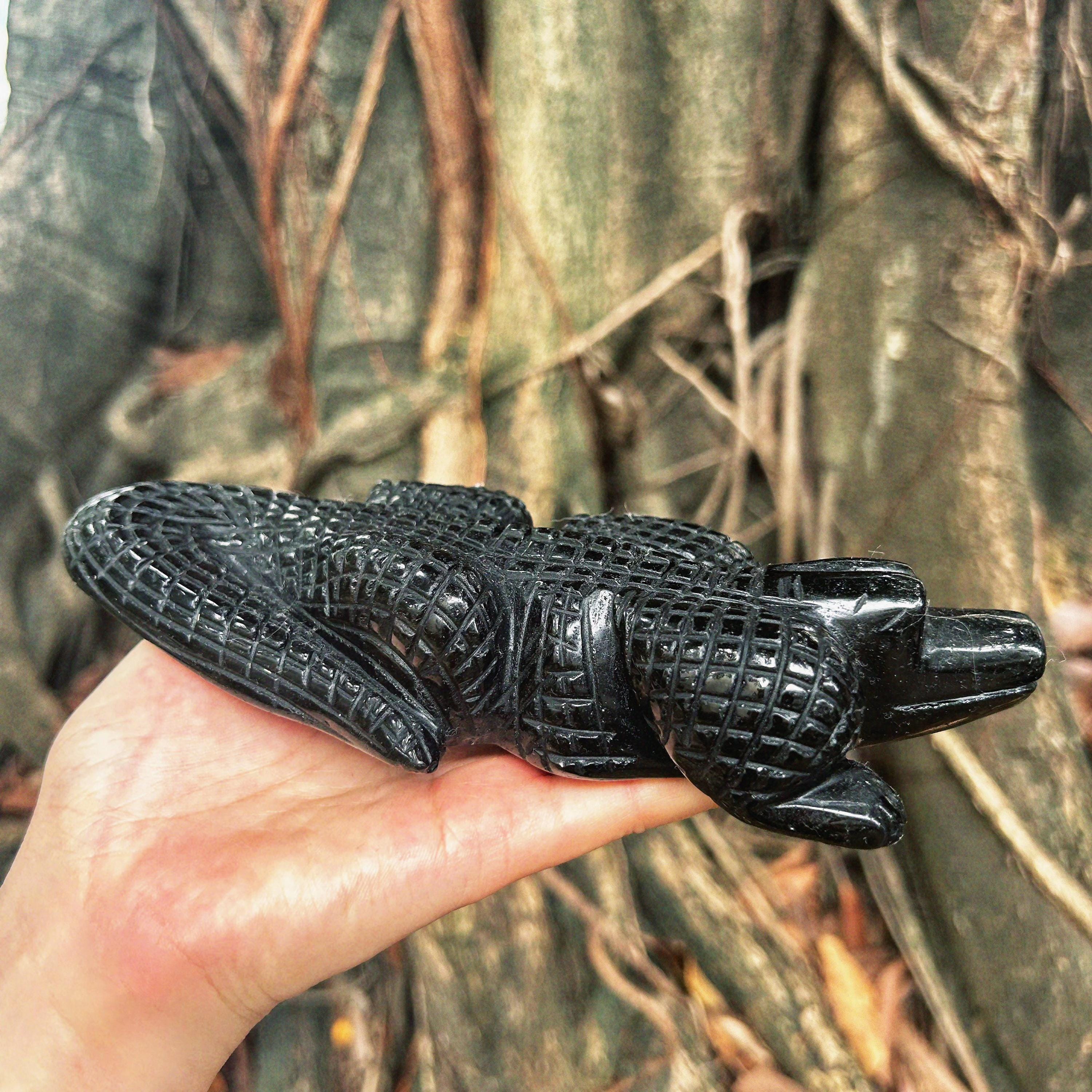 Gold Sheen Obsidian Crocodile Carving, Natural Stone Animal Figurine, Gothic Home Decor