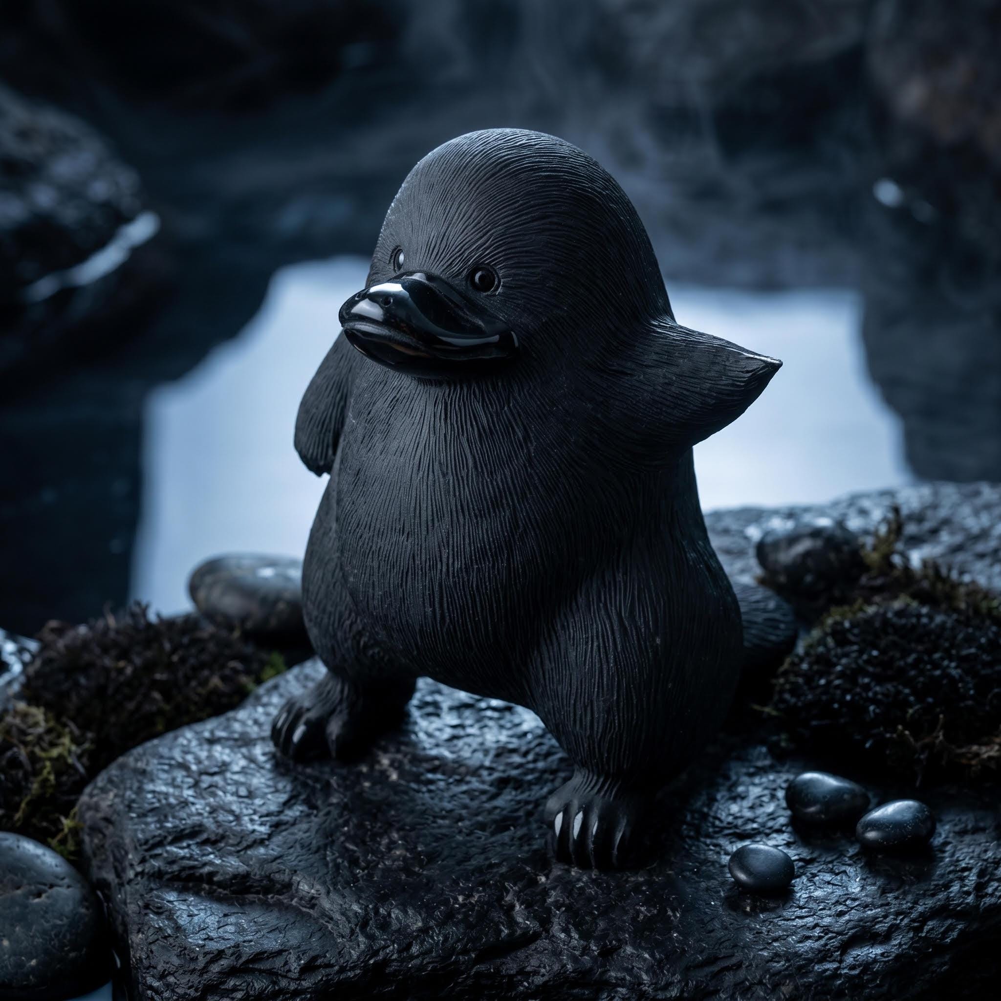 Hand-Carved Obsidian Platypus Statue, Natural Black Stone Animal Decor