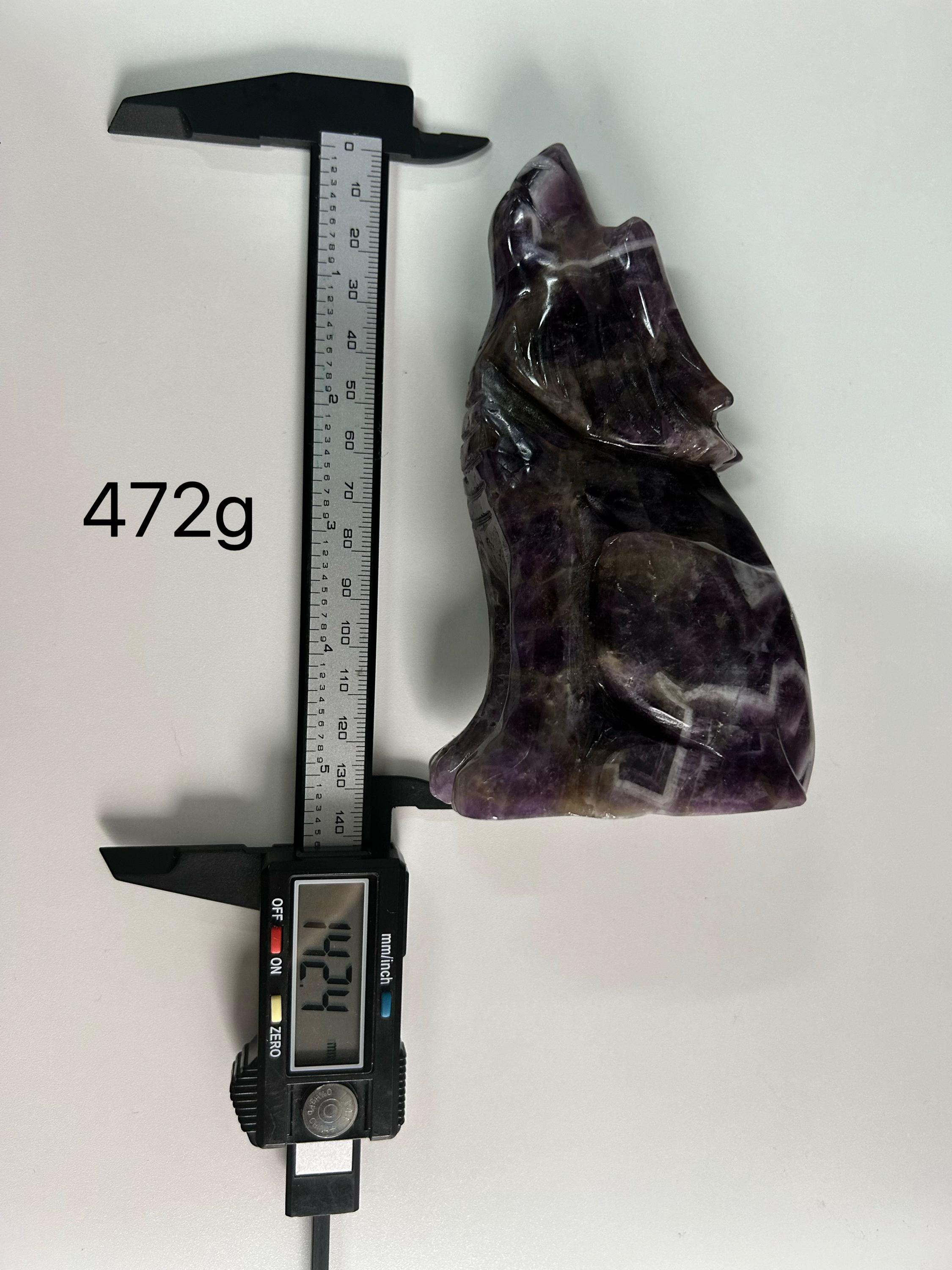 Crystal Wolf Carving, Gemstone Wolf Figurine, Fluorite, Rose Quartz & Amethyst, Spiritual Home Decor
